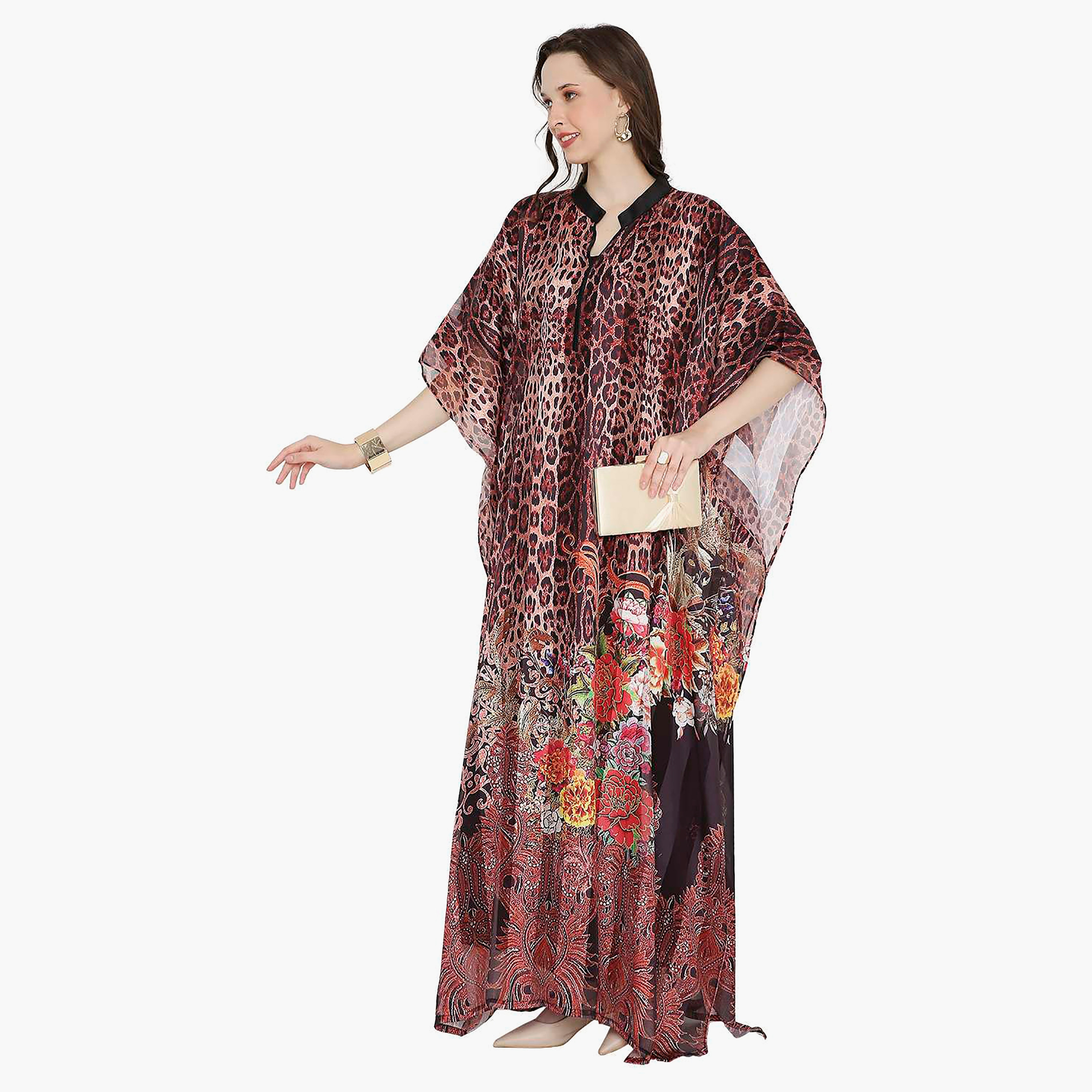 Hana & Sara Animal Print Collared Neck Flared Sleeves Women's Festive Kaftaan-women-arabicclothing-jalabiyas-image-8