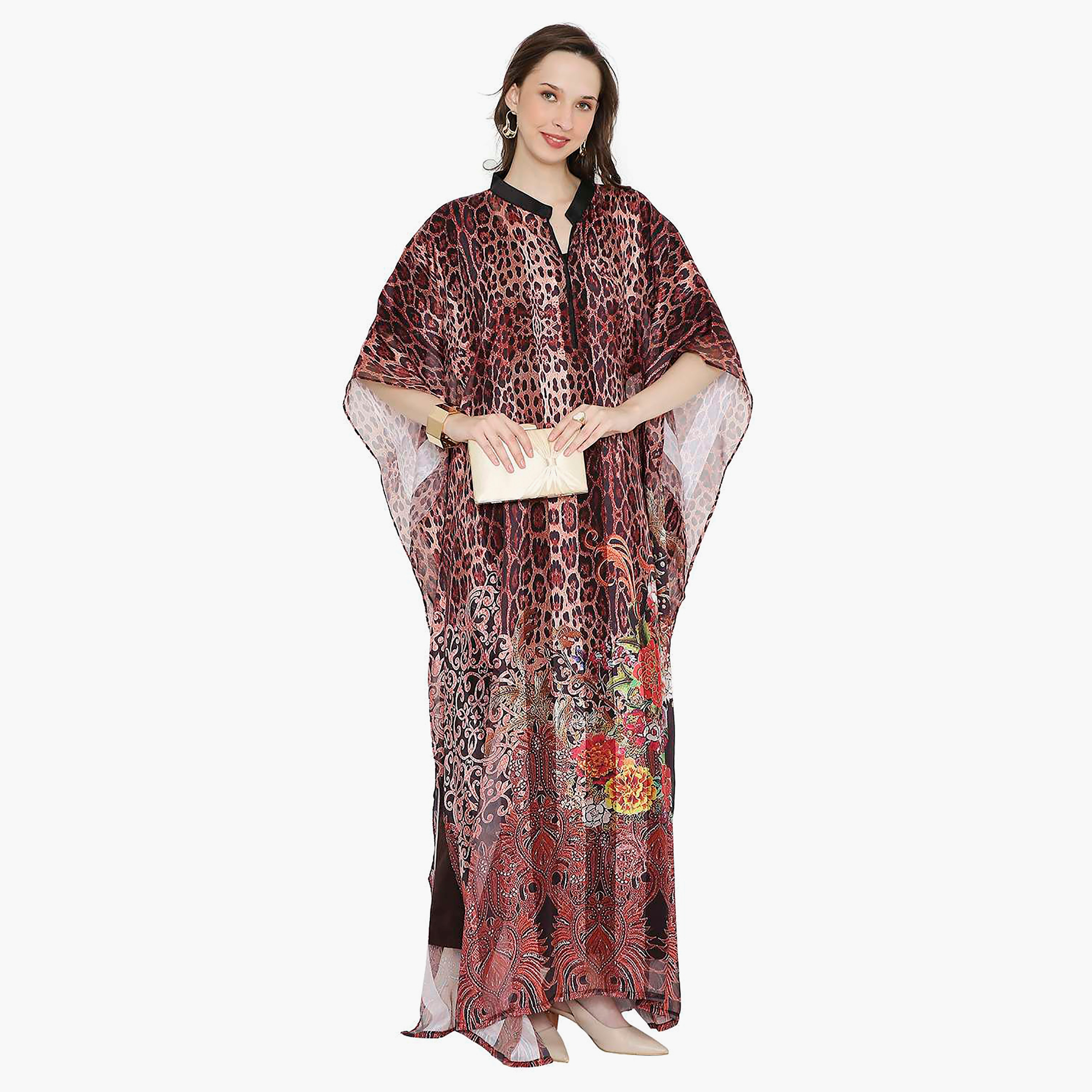 Hana & Sara Animal Print Collared Neck Flared Sleeves Women's Festive Kaftaan-women-arabicclothing-jalabiyas-image-9