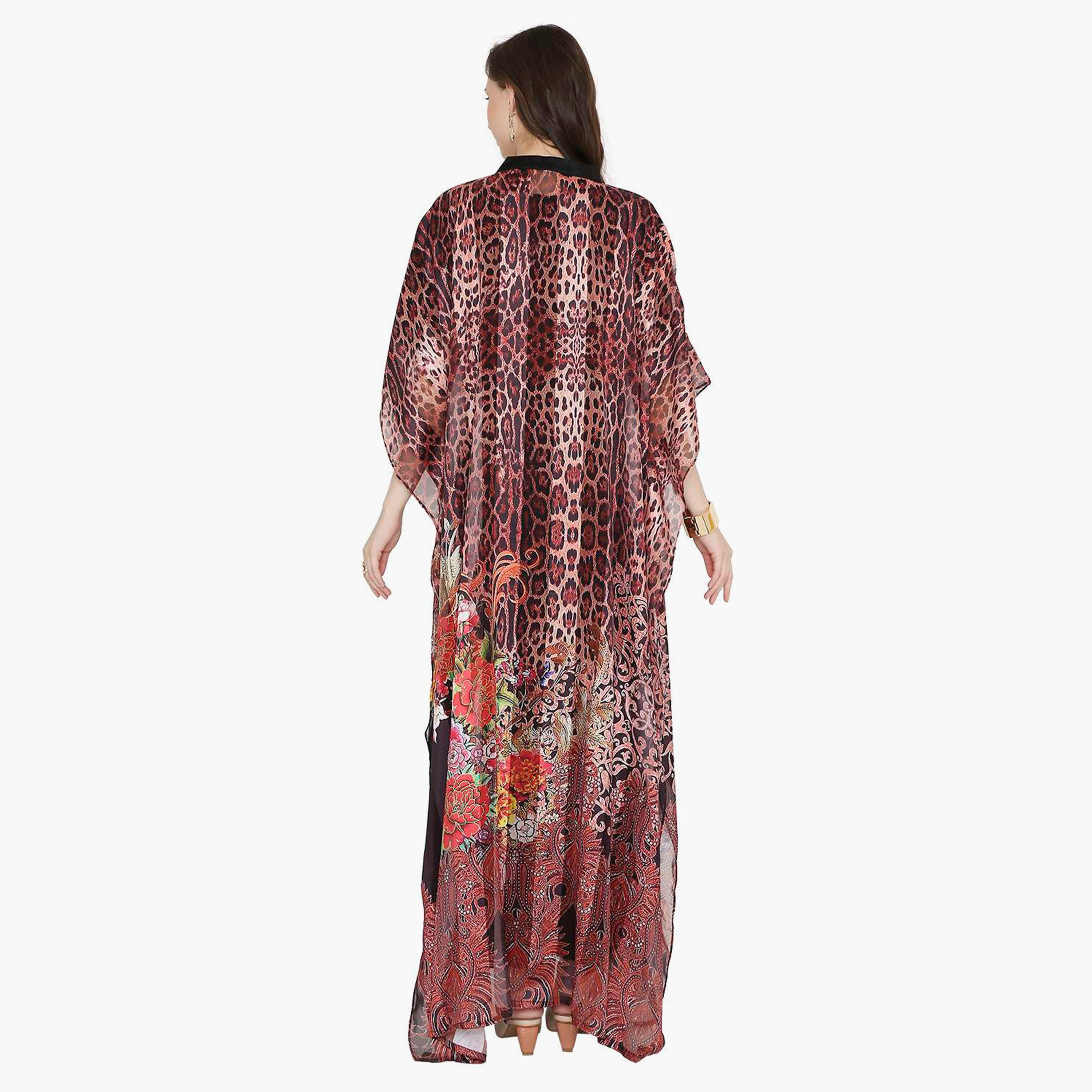Hana & Sara Animal Print Collared Neck Flared Sleeves Women's Festive Kaftaan-women-arabicclothing-jalabiyas-image-10