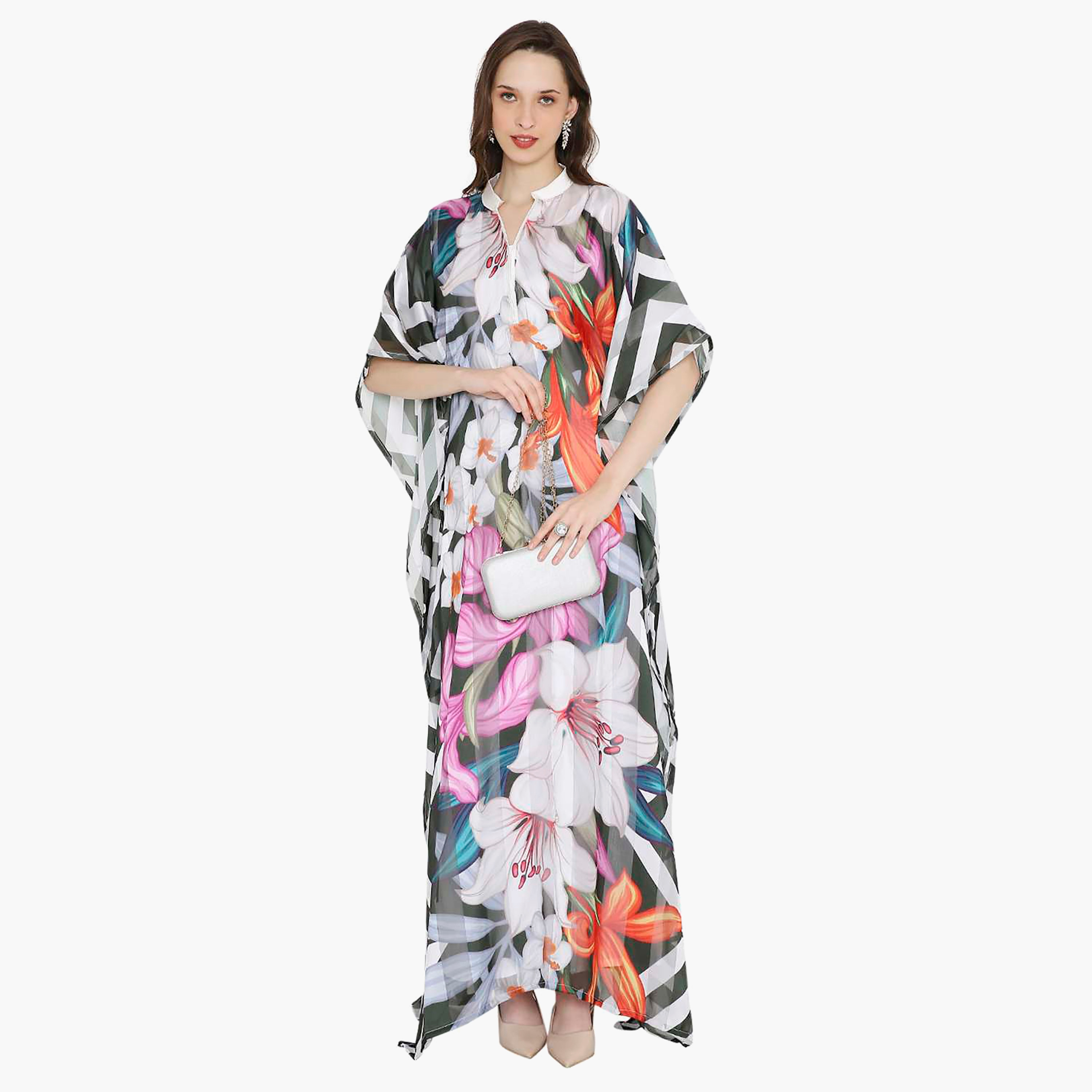 قفطان احتفالي نسائي متعدد الألوان بياقة وأكمام واسعة بنقشة زهور من هانا آند سارة-women-arabicclothing-jalabiyas-image-1