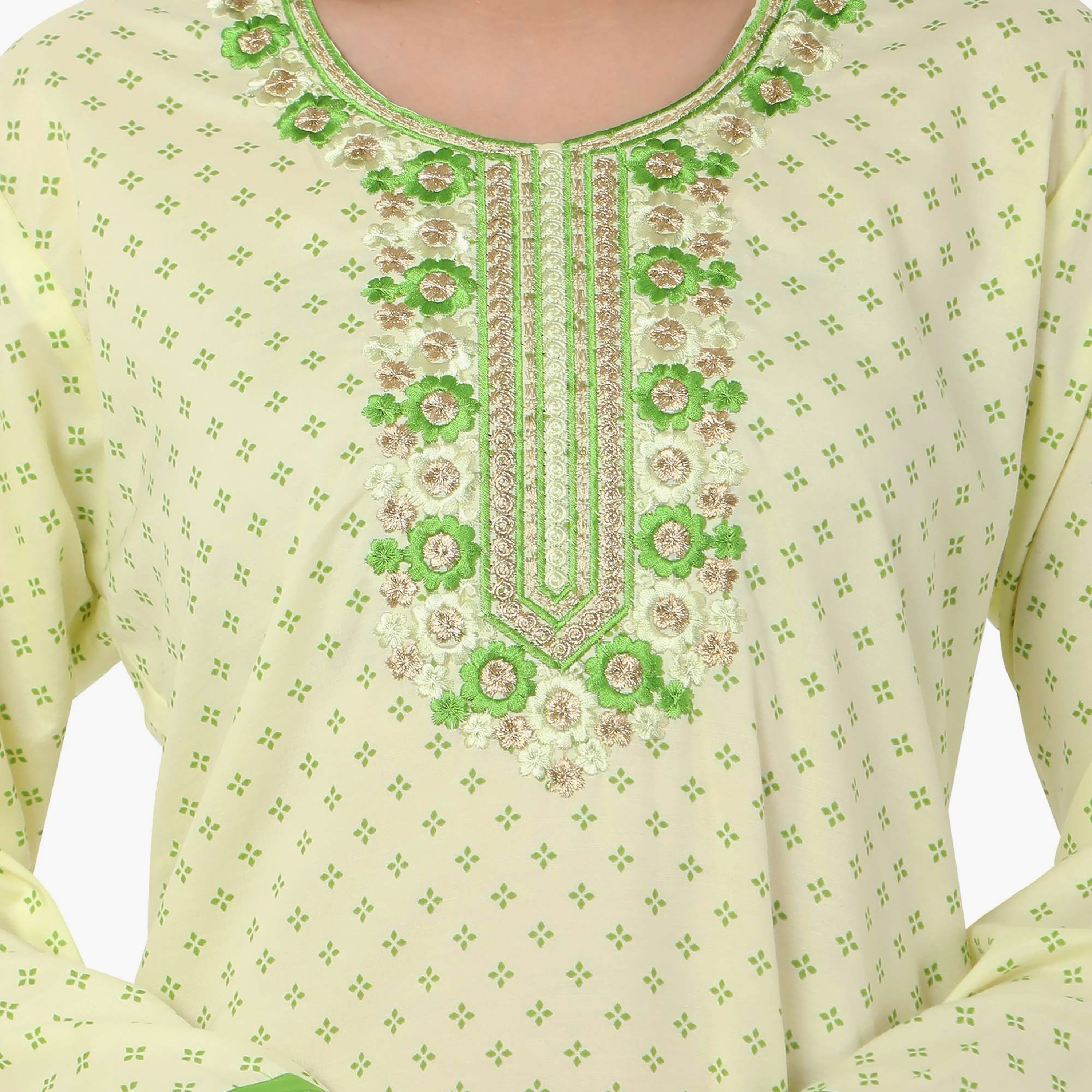Hana & Sara Printed Embroidered Knot Neck Detail Women's Jalabiya-women-arabicclothing-jalabiyas-image-2