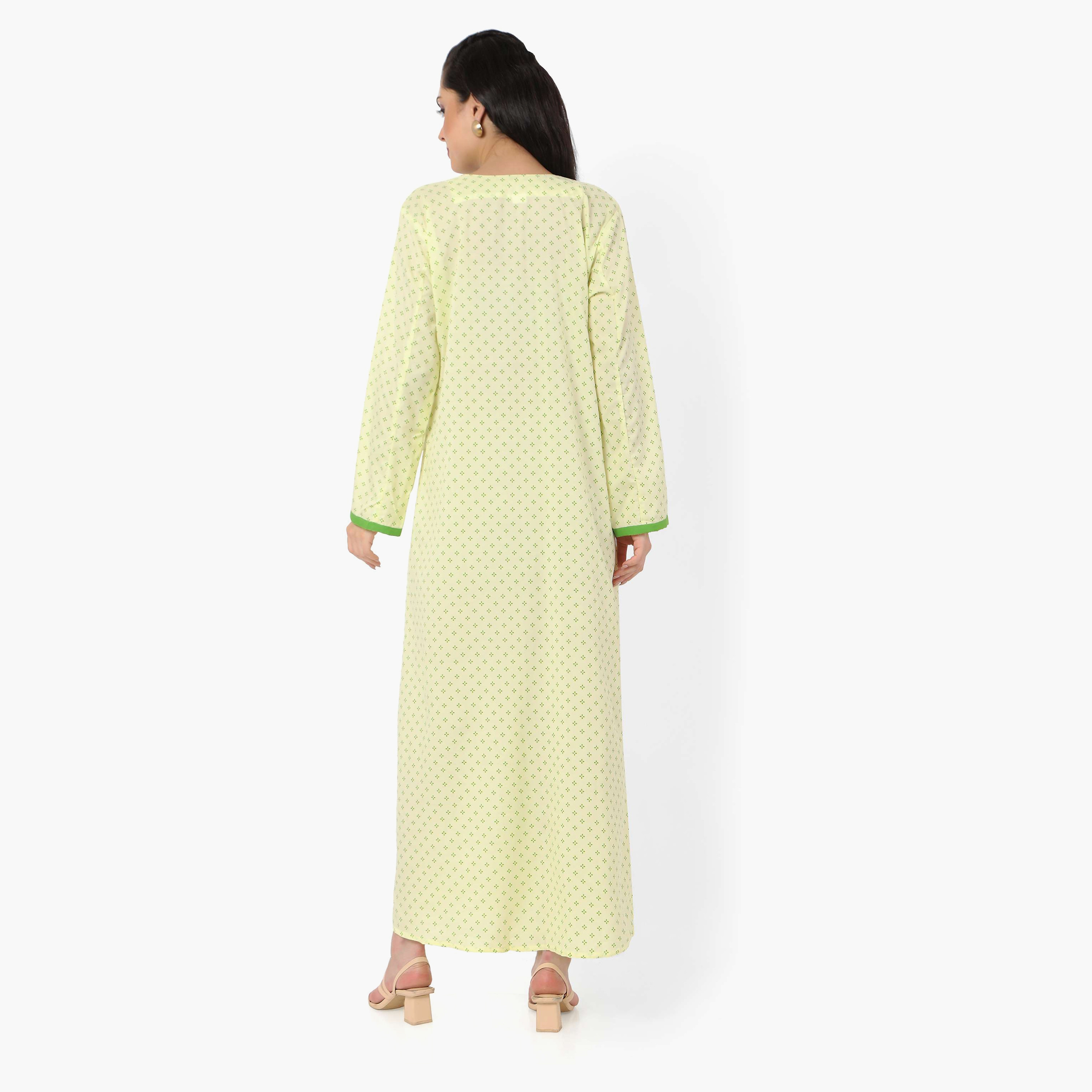 Hana & Sara Printed Embroidered Knot Neck Detail Women's Jalabiya-women-arabicclothing-jalabiyas-image-4