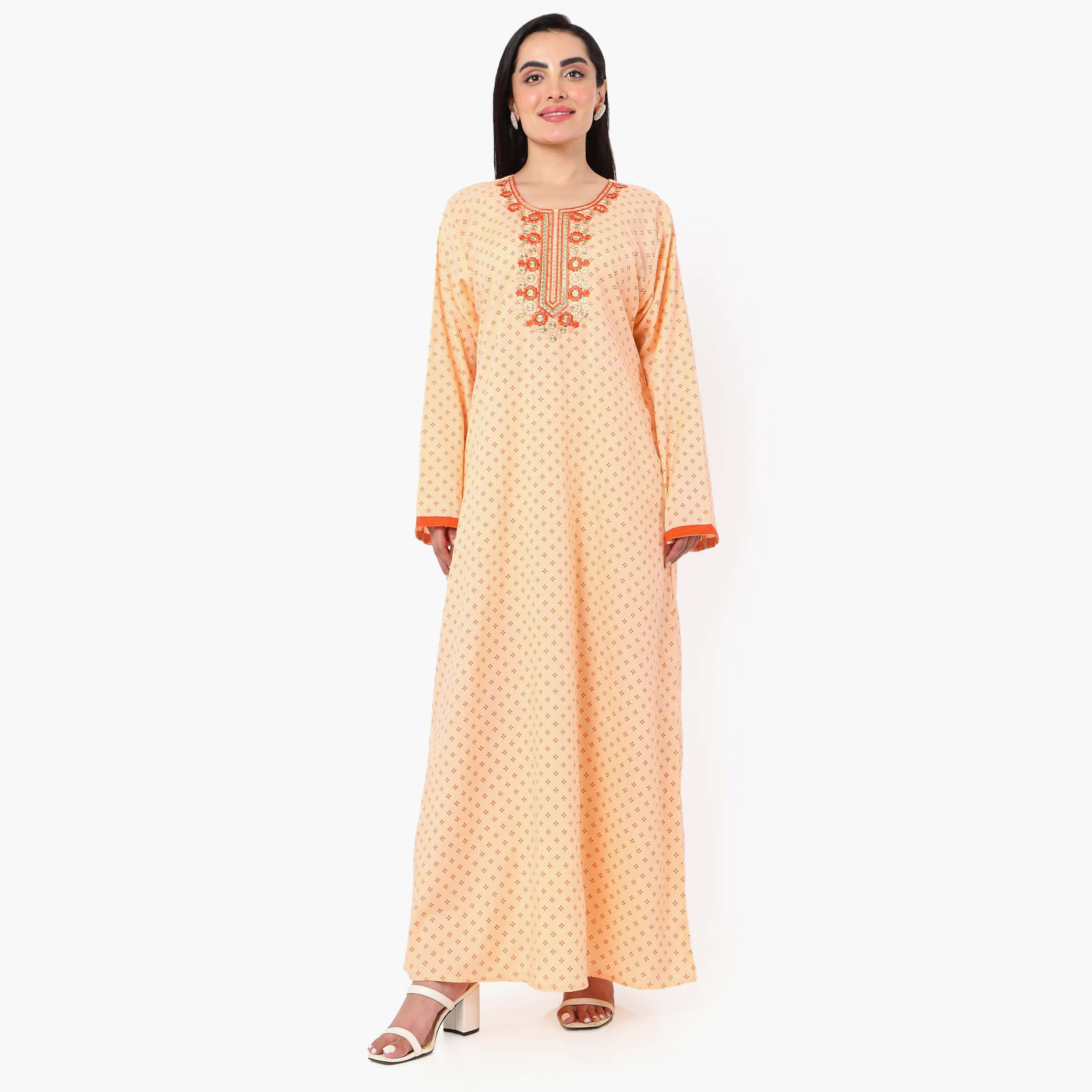 Hana & Sara Printed Embroidered Knot Neck Detail Women's Jalabiya-women-arabicclothing-jalabiyas-image-9