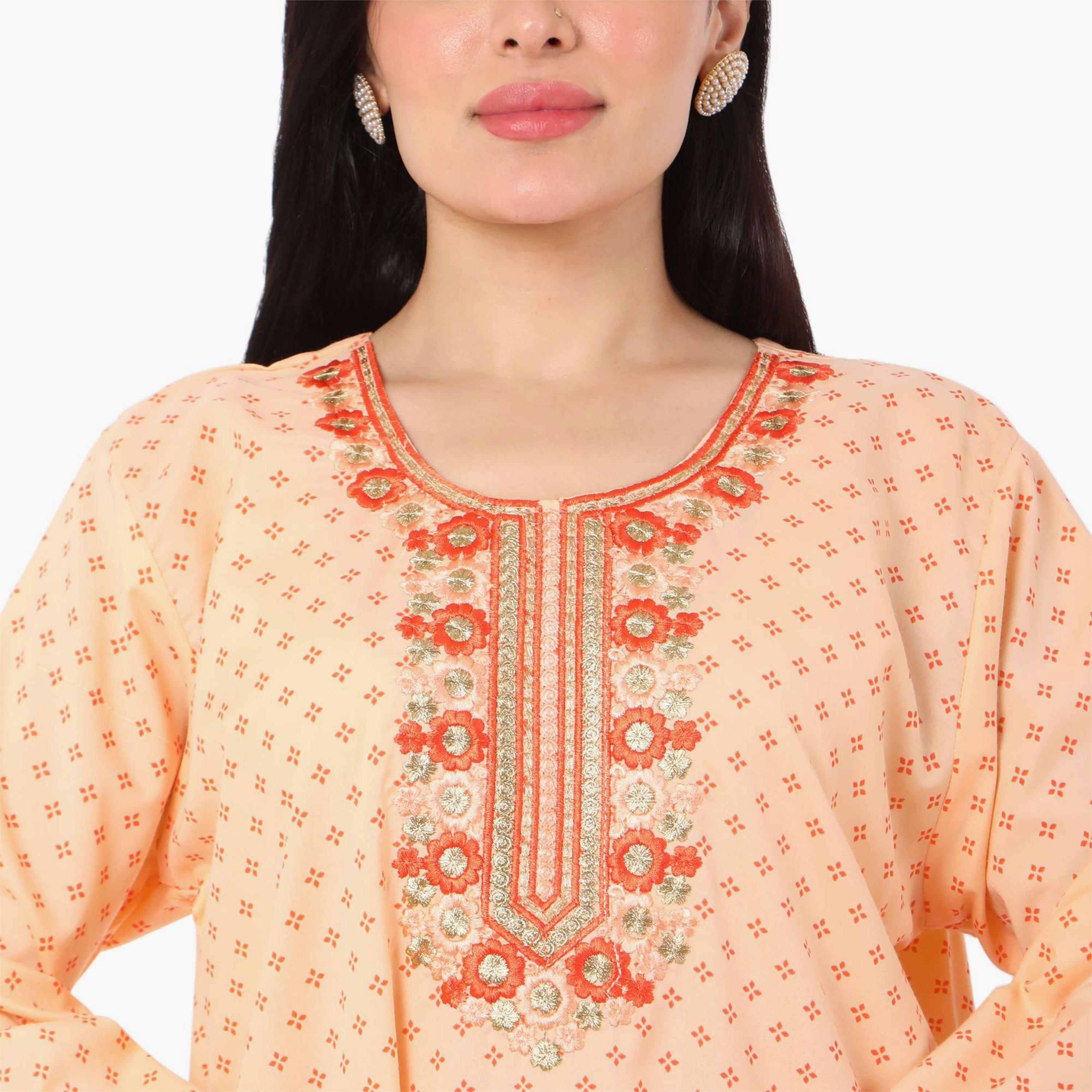 Hana & Sara Printed Embroidered Knot Neck Detail Women's Jalabiya-women-arabicclothing-jalabiyas-image-10
