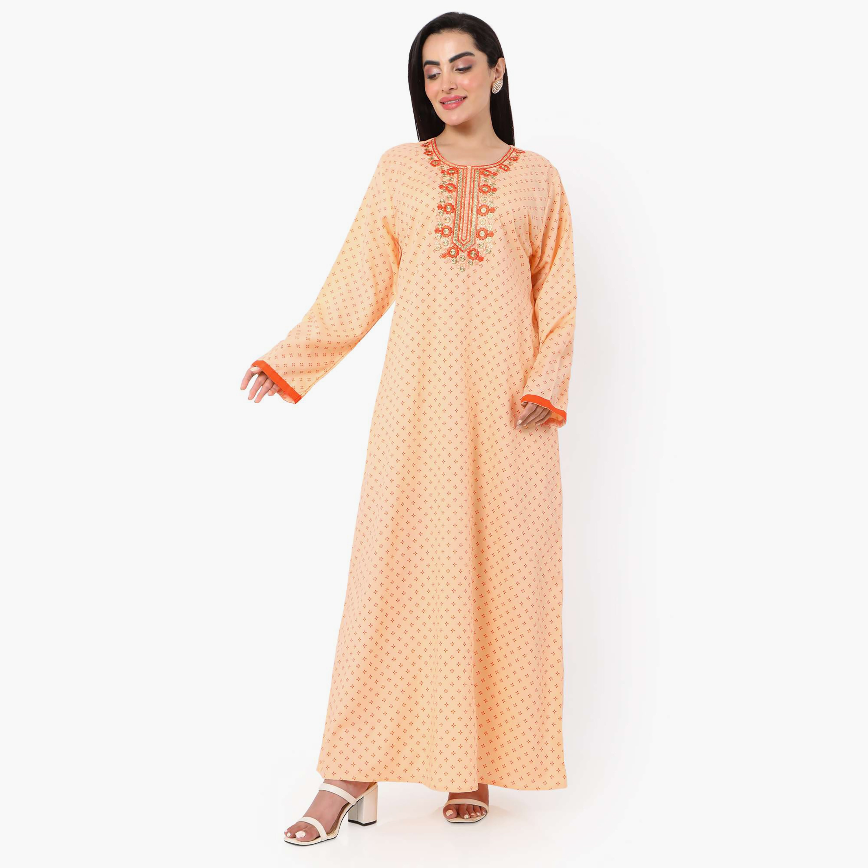 Hana & Sara Printed Embroidered Knot Neck Detail Women's Jalabiya-women-arabicclothing-jalabiyas-image-11