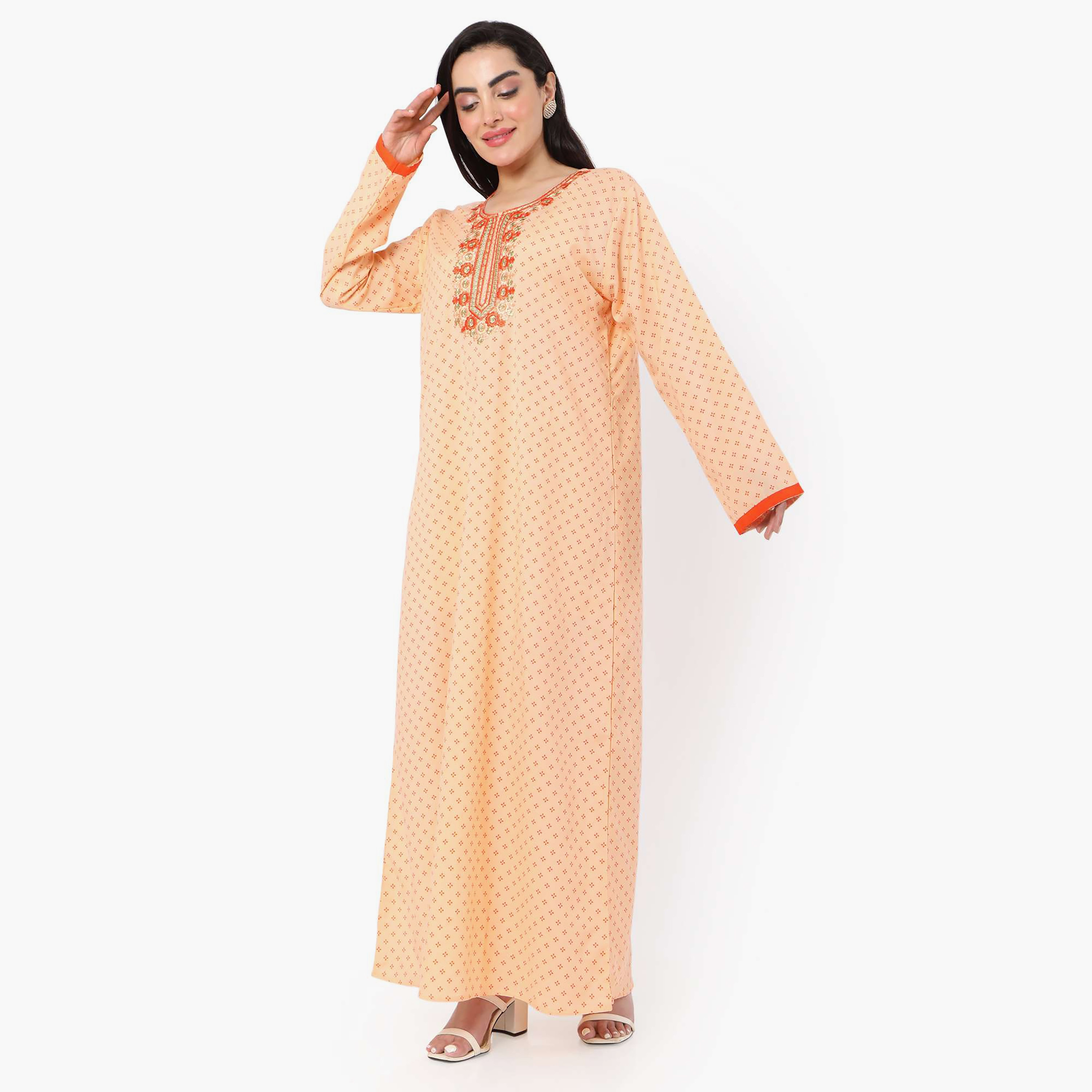 Hana & Sara Printed Embroidered Knot Neck Detail Women's Jalabiya-women-arabicclothing-jalabiyas-image-12