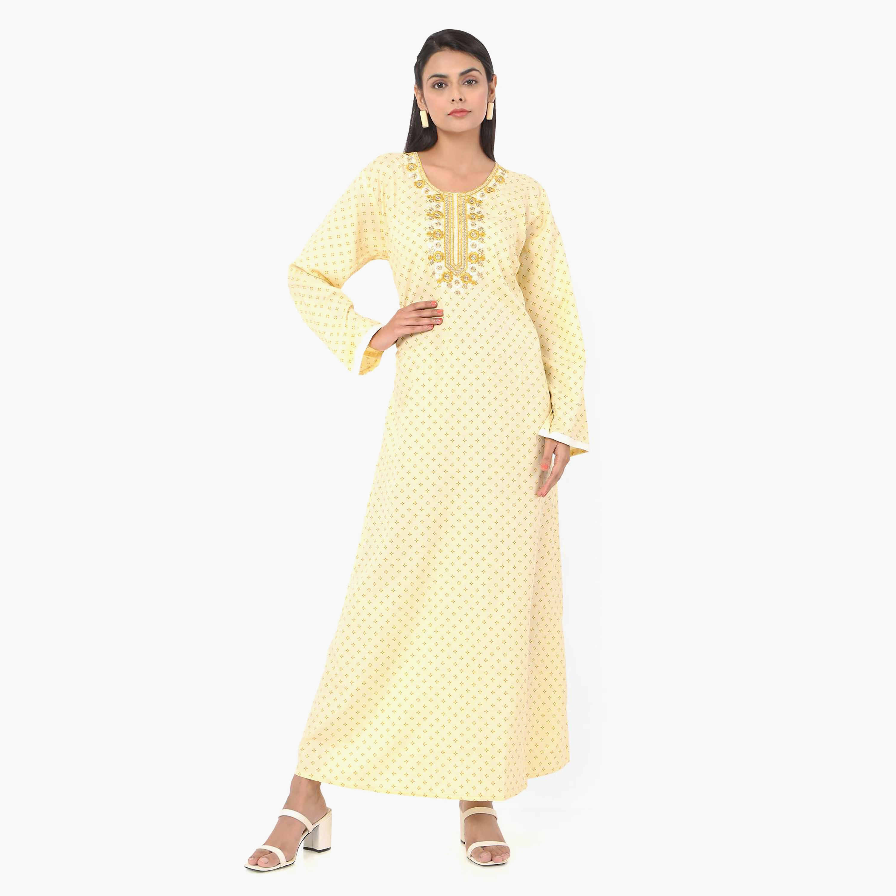 Hana & Sara Printed Embroidered Knot Neck Detail Women's Jalabiya-women-arabicclothing-jalabiyas-image-5