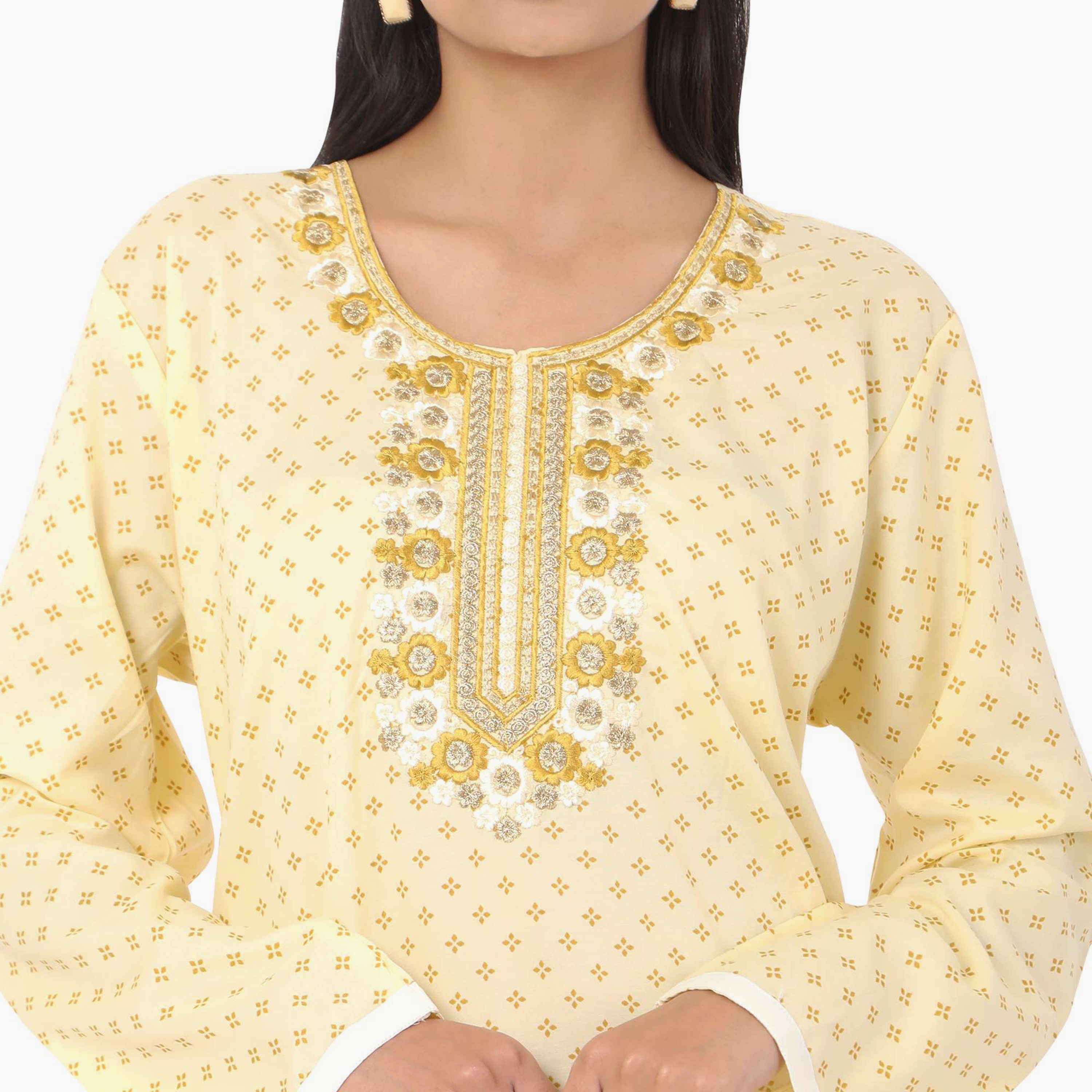 Hana & Sara Printed Embroidered Knot Neck Detail Women's Jalabiya-women-arabicclothing-jalabiyas-image-6
