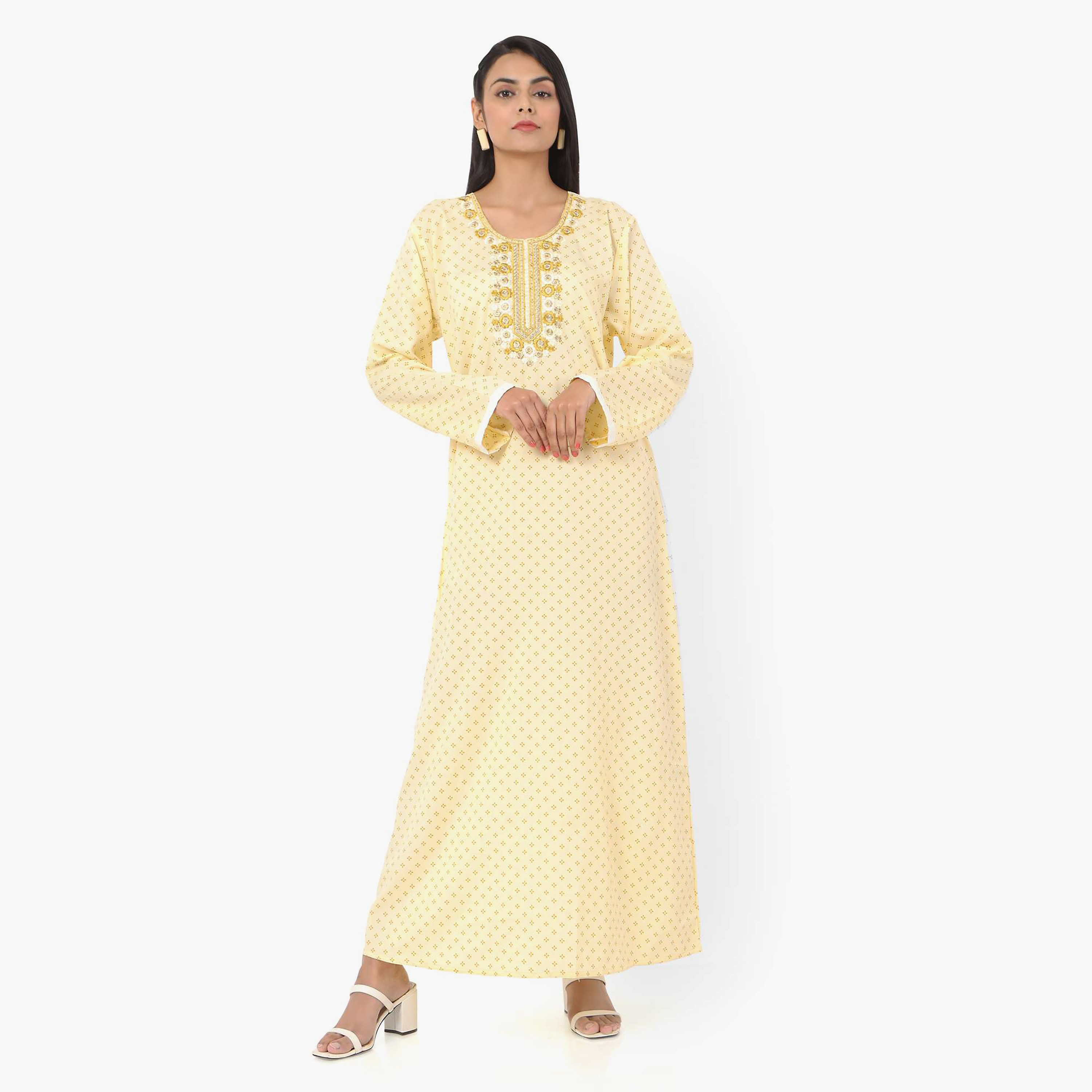 Hana & Sara Printed Embroidered Knot Neck Detail Women's Jalabiya-women-arabicclothing-jalabiyas-image-7