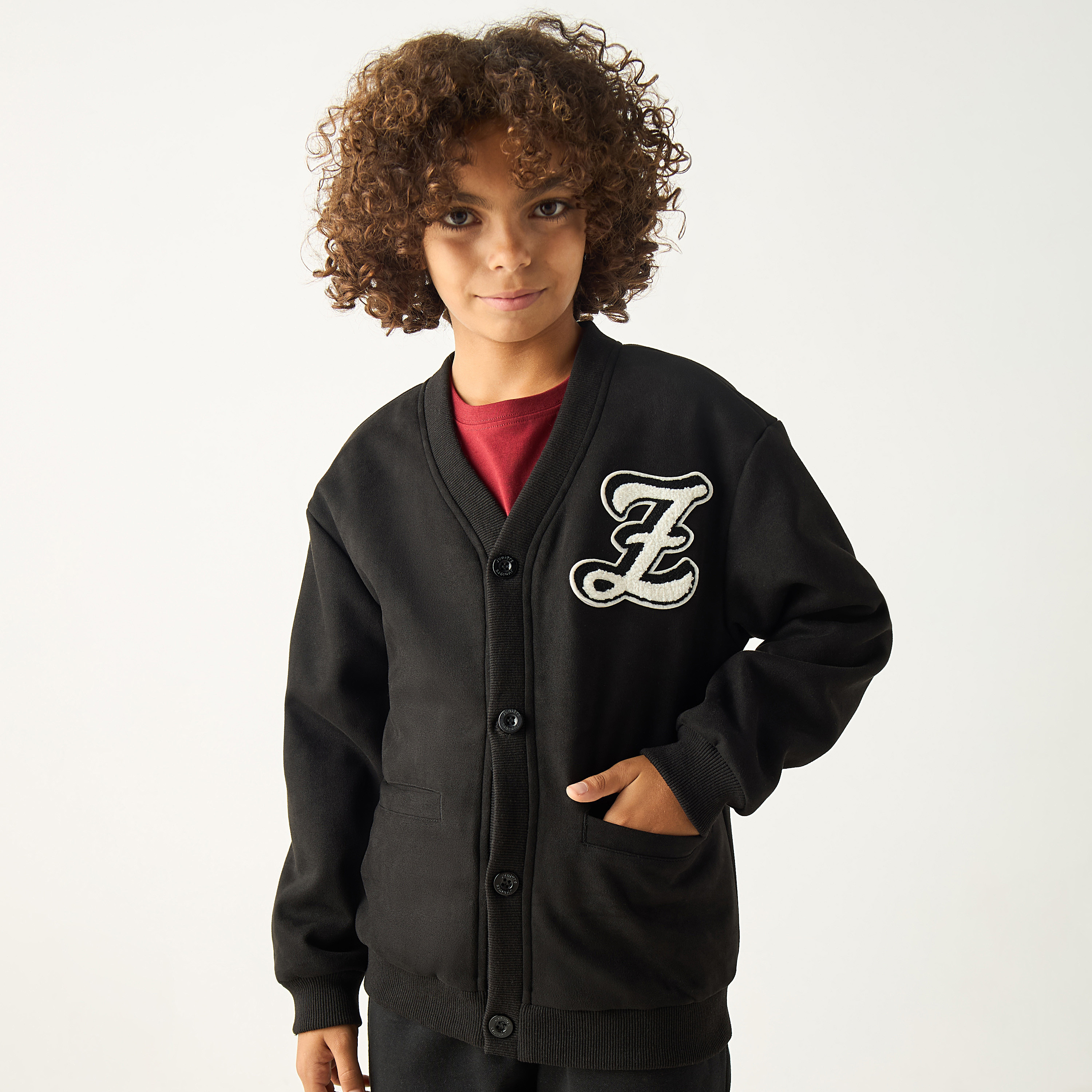 Juniors Applique Detail Long Sleeves Jacket with Pockets and Button Closure-boys-clothing-jacketsandcoats-image-1