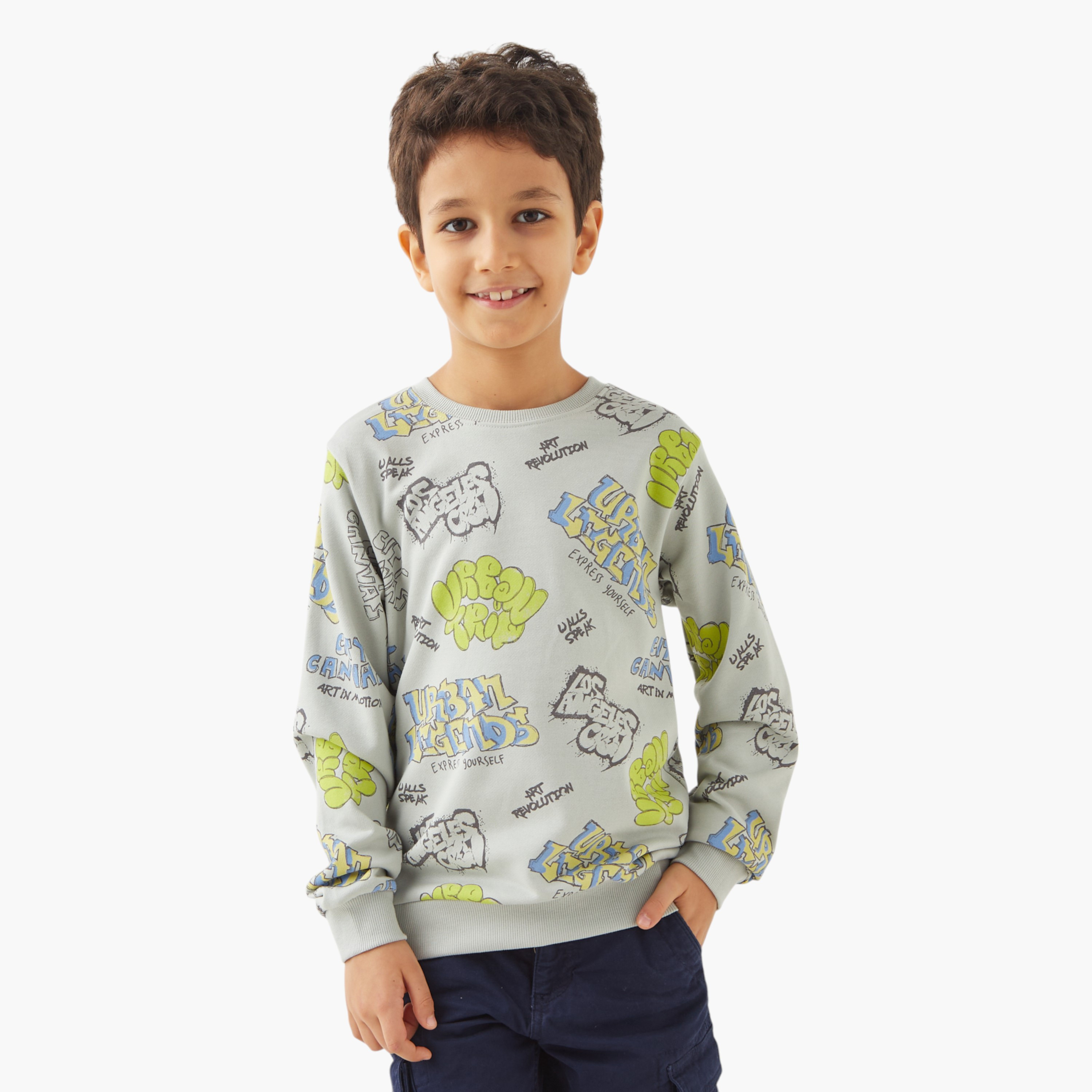 Juniors Graphic Print Crew Neck Sweatshirt with Long Sleeves-boys-clothing-sweatshirts-image-1