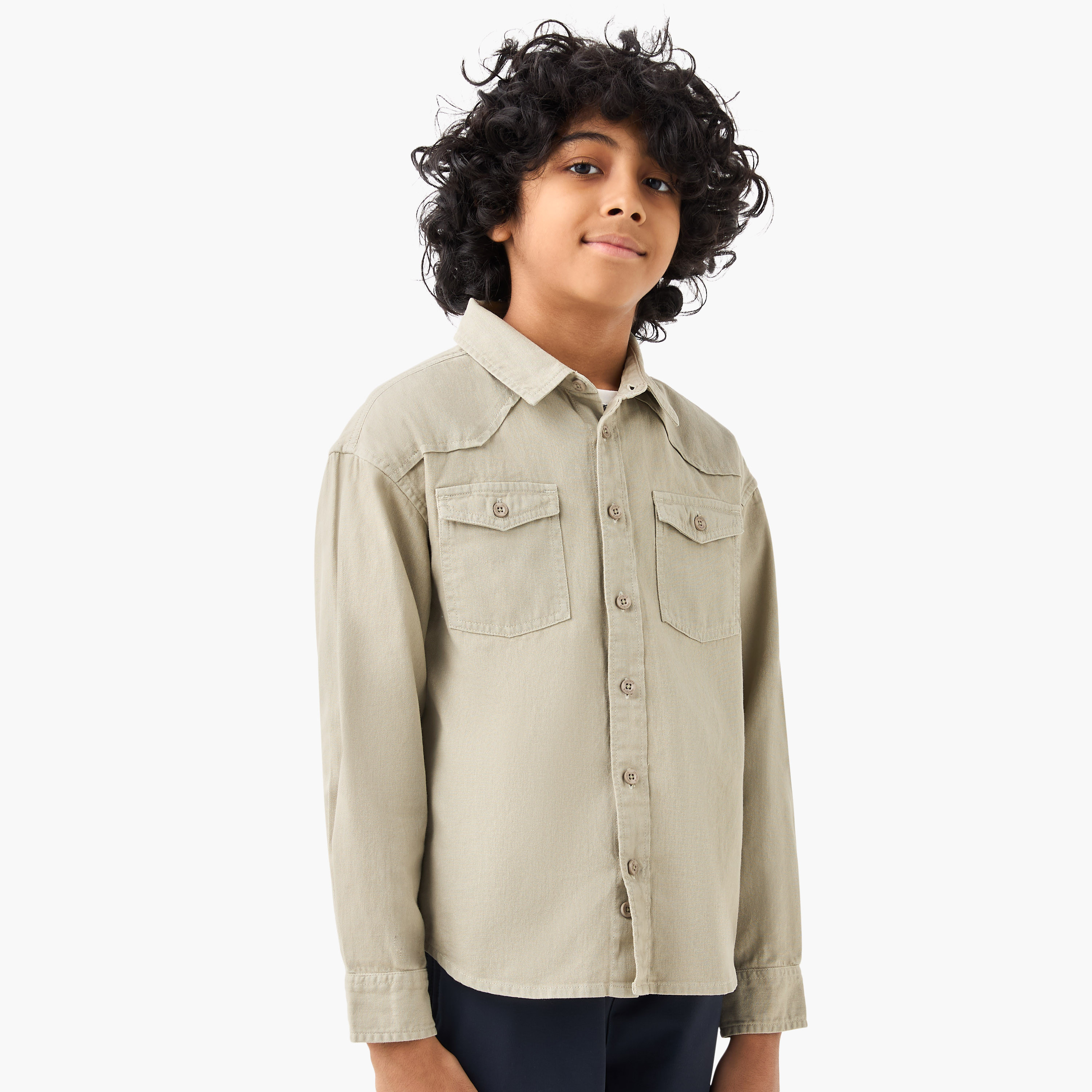 Buy Juniors Solid Shirt with Long Sleeves and Pockets Online Babyshop KSA