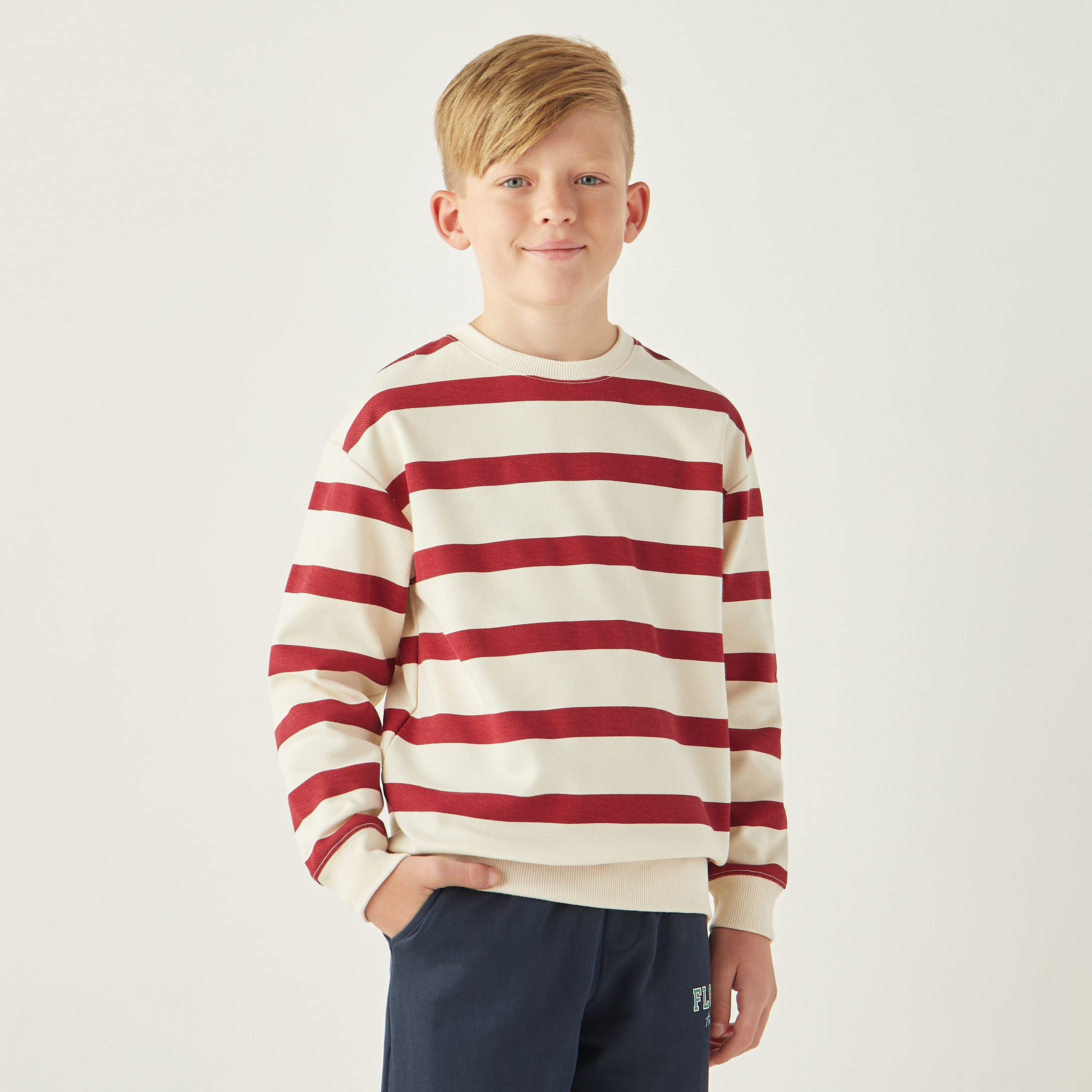 Juniors Striped Print Sweatshirt with Round Neck and Long Sleeves-boys-clothing-jumpersandcardigans-image-1