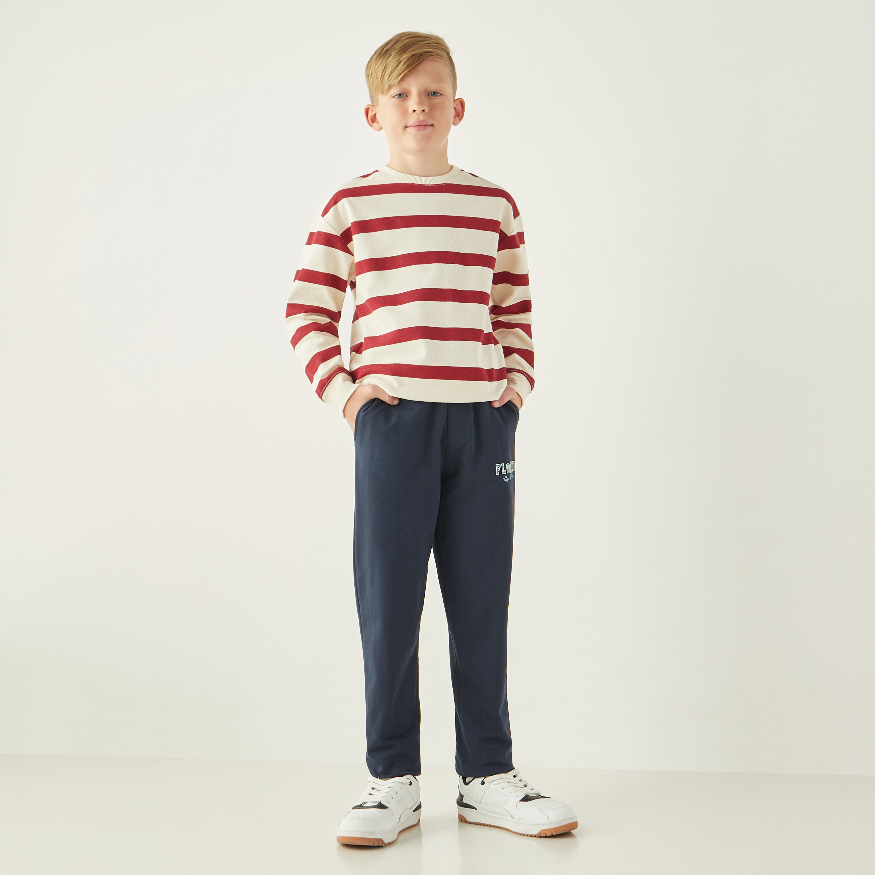 Juniors Striped Print Sweatshirt with Round Neck and Long Sleeves-boys-clothing-jumpersandcardigans-image-2