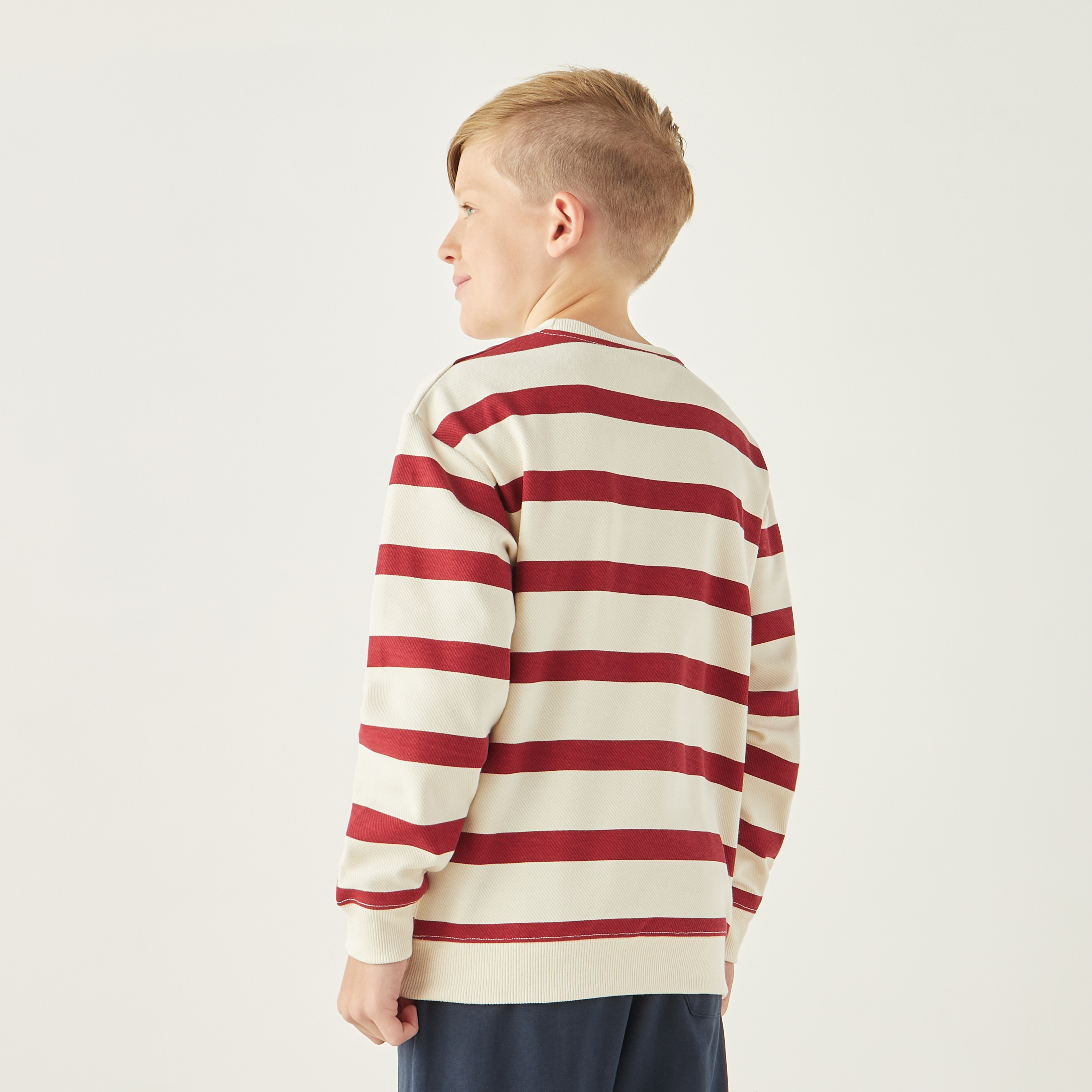 Juniors Striped Print Sweatshirt with Round Neck and Long Sleeves-boys-clothing-jumpersandcardigans-image-3