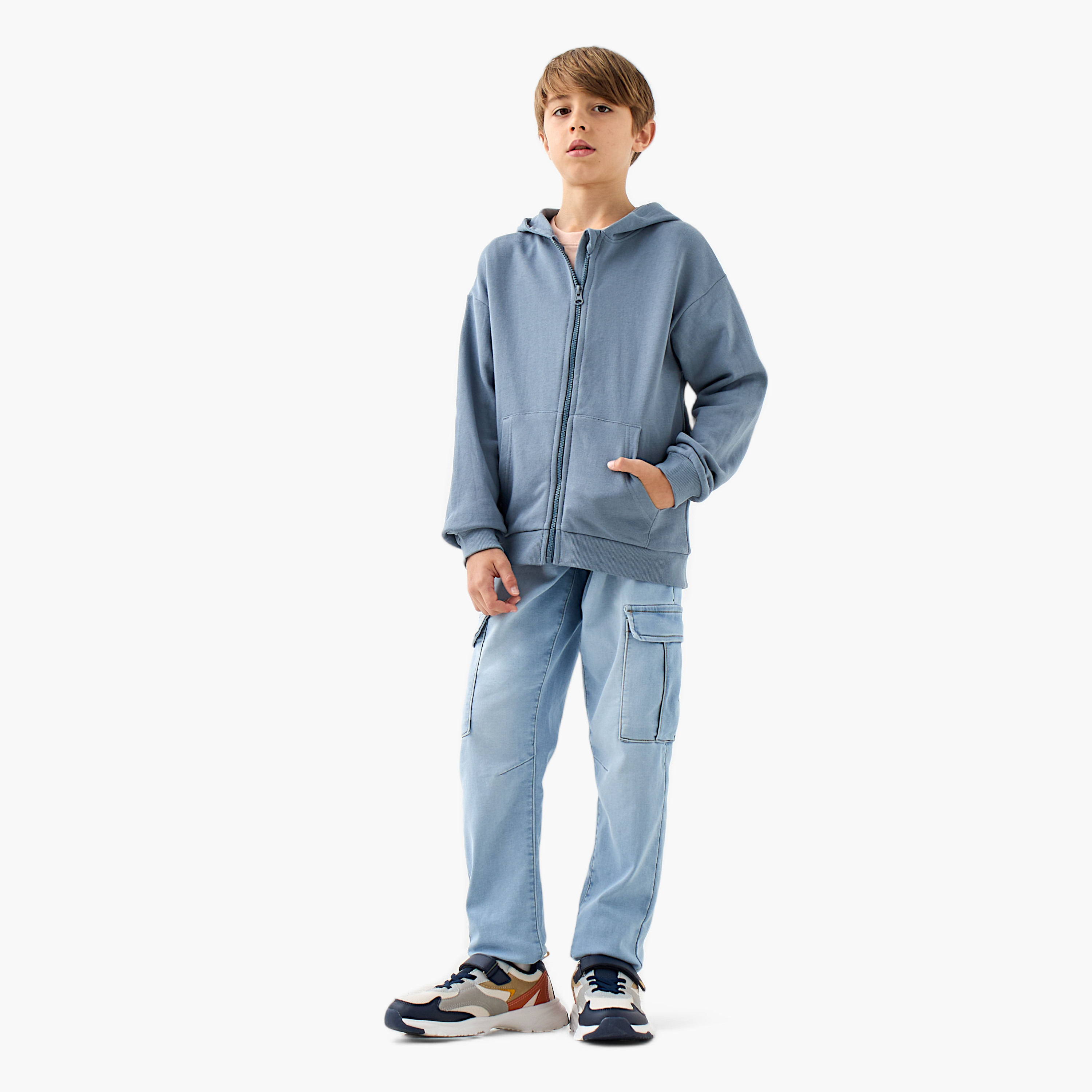 Juniors Solid Hooded Sweatshirt with Long Sleeves and Zip Closure-boys-clothing-sweatshirts-image-2
