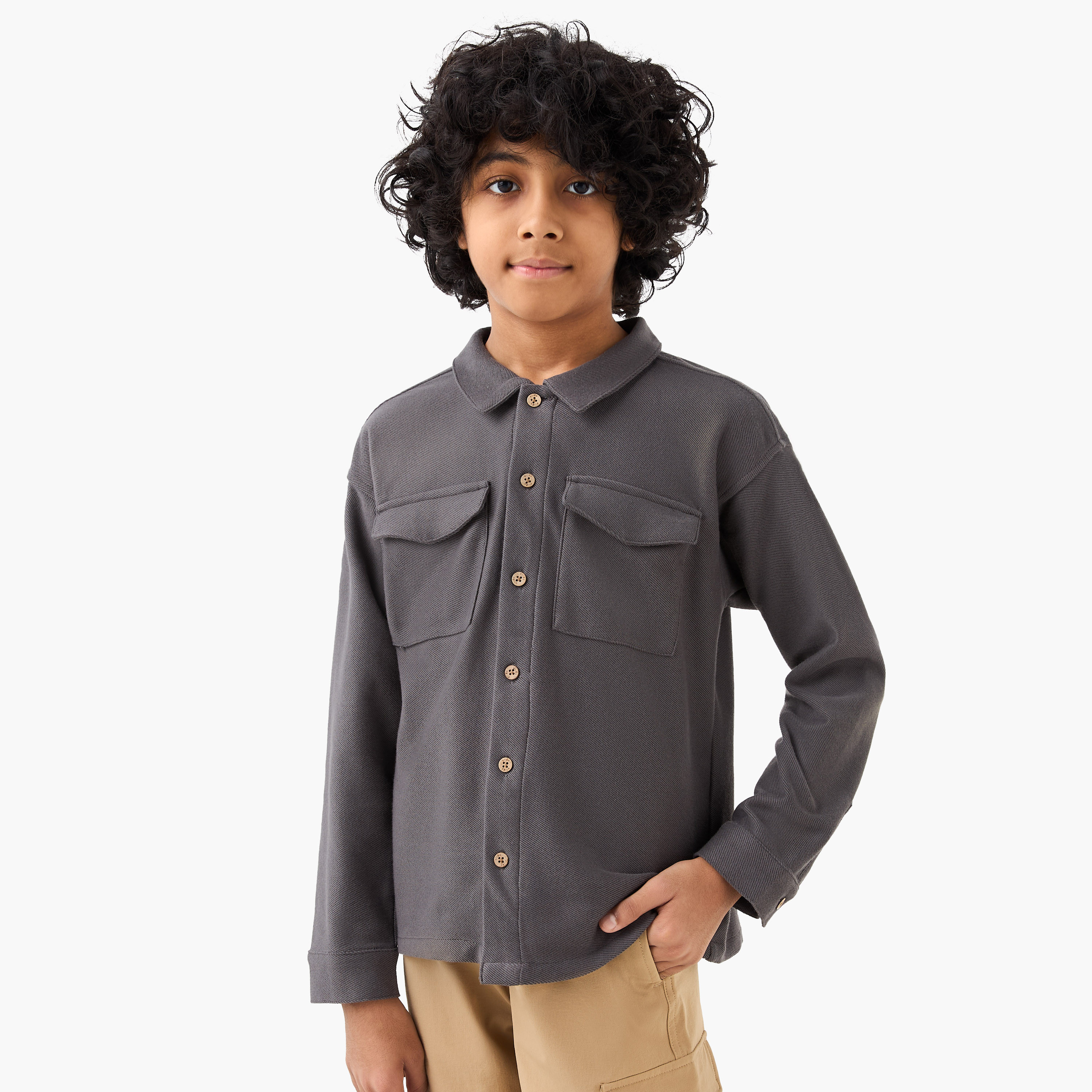 Eligo Solid Collared Shirt with Long Sleeves and Pockets-boys-clothing-shirts-image-1