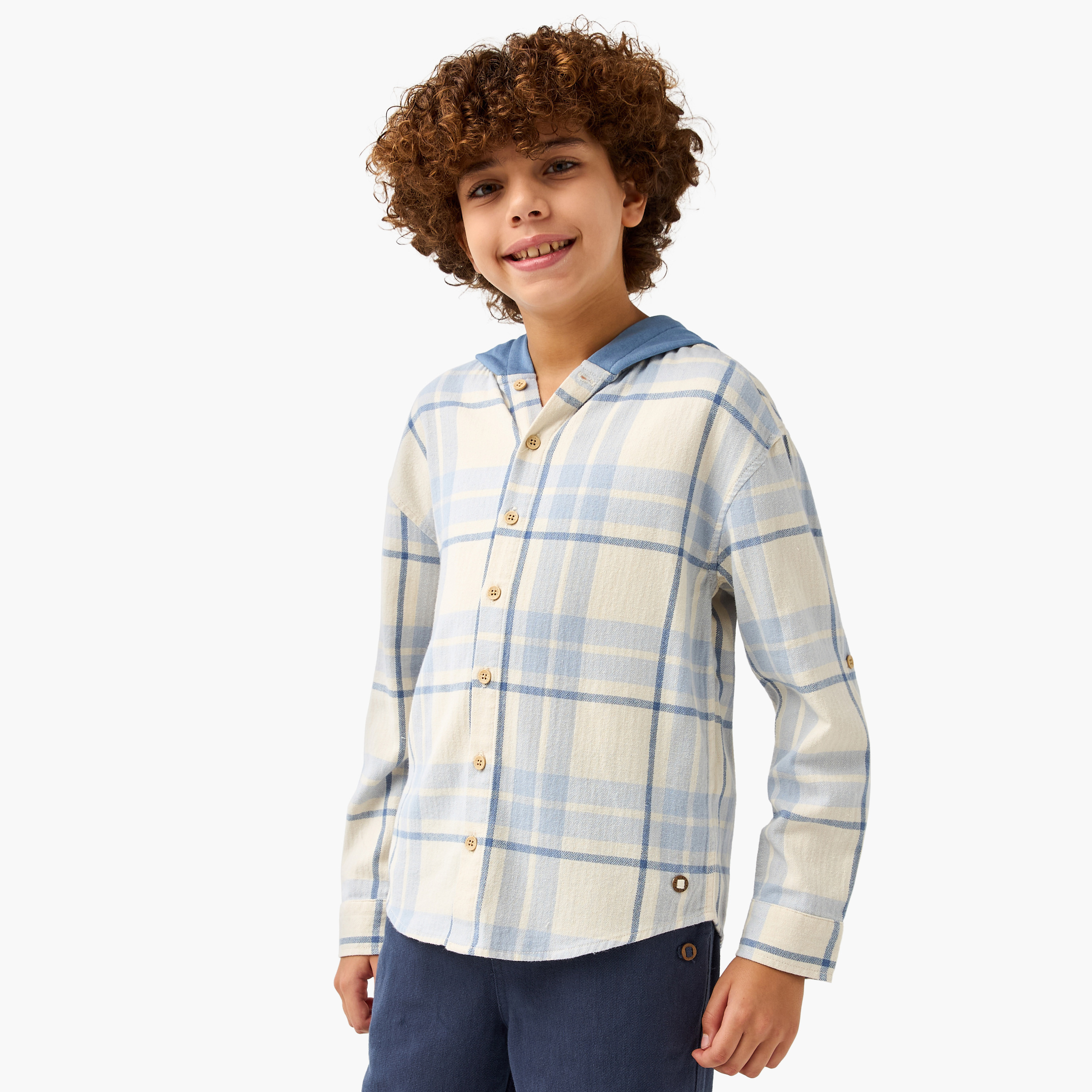 Eligo Checked Hooded Shirt with Long Sleeves-boys-clothing-shirts-image-1