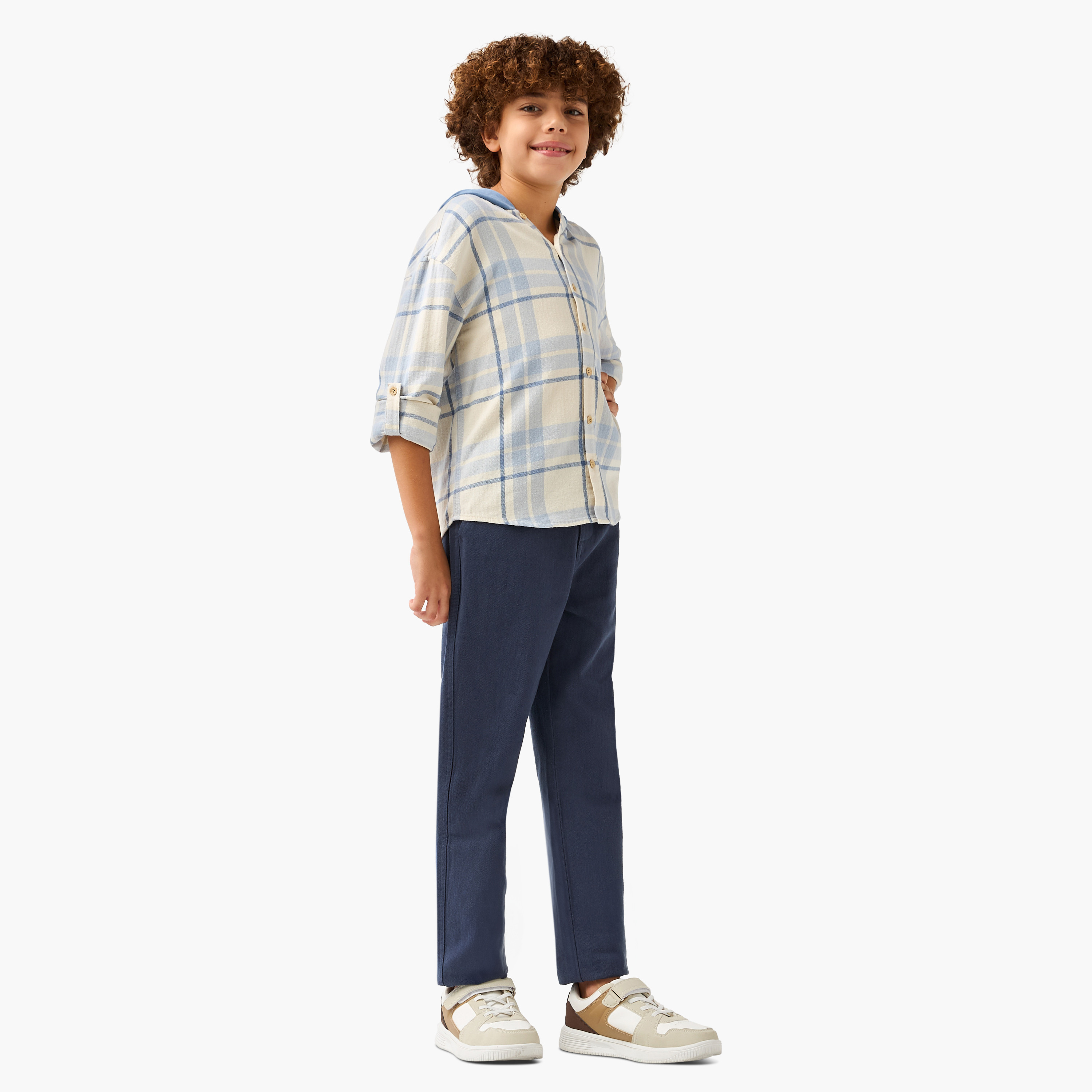 Eligo Checked Hooded Shirt with Long Sleeves-boys-clothing-shirts-image-2