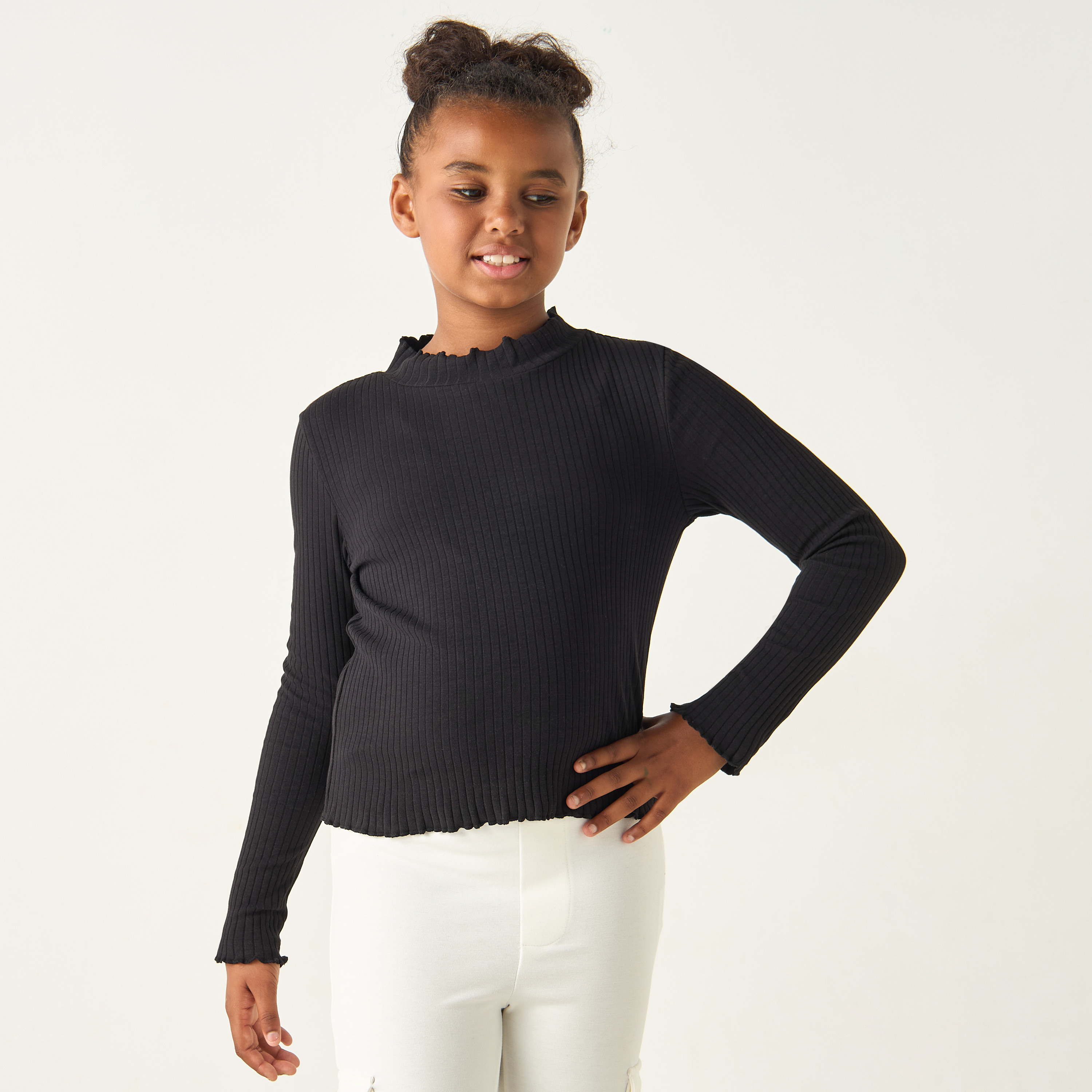 Juniors Textured Turtle Neck T-Shirt with Long Sleeves-girls-clothing-tshirts-image-1