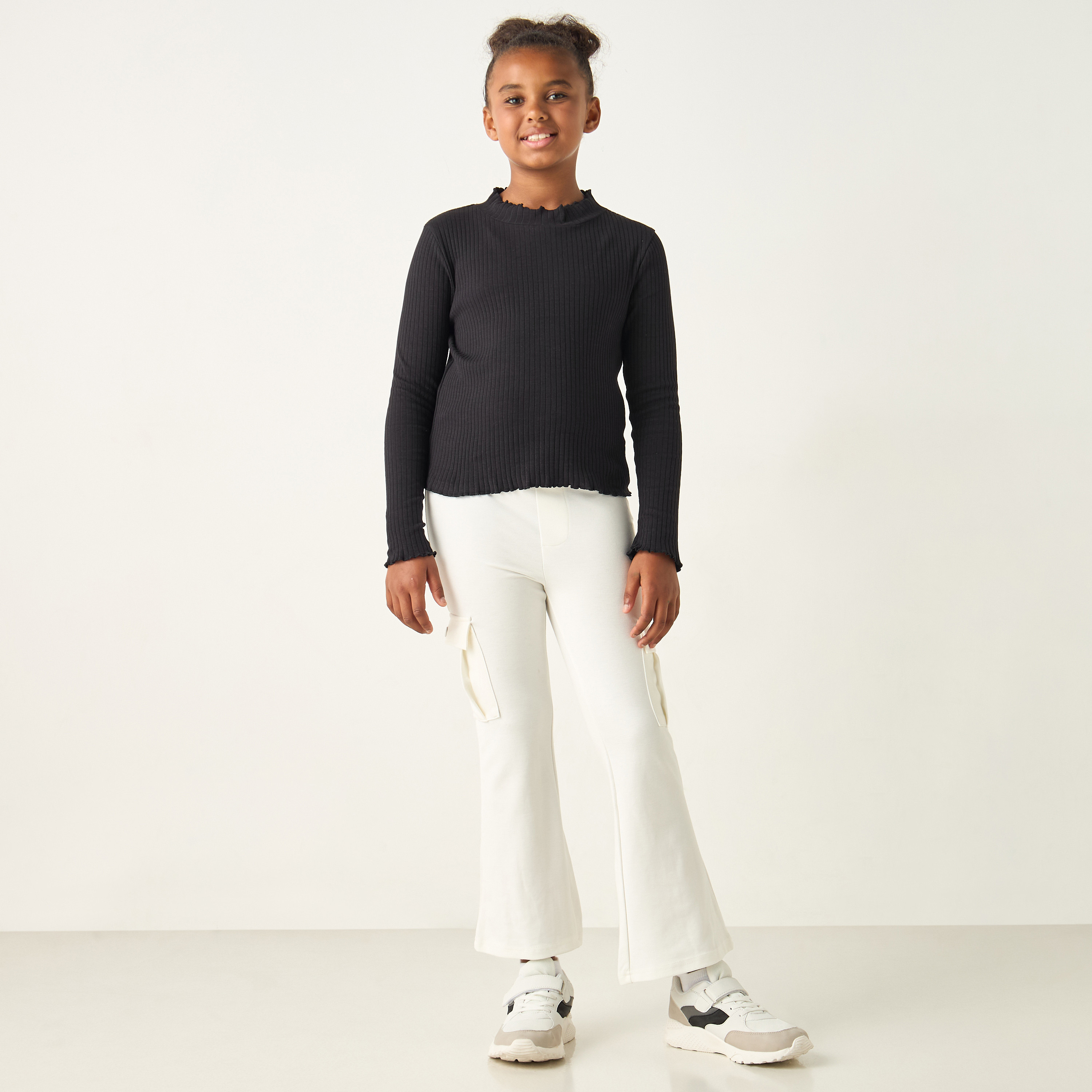 Juniors Textured Turtle Neck T-Shirt with Long Sleeves-girls-clothing-tshirts-image-2