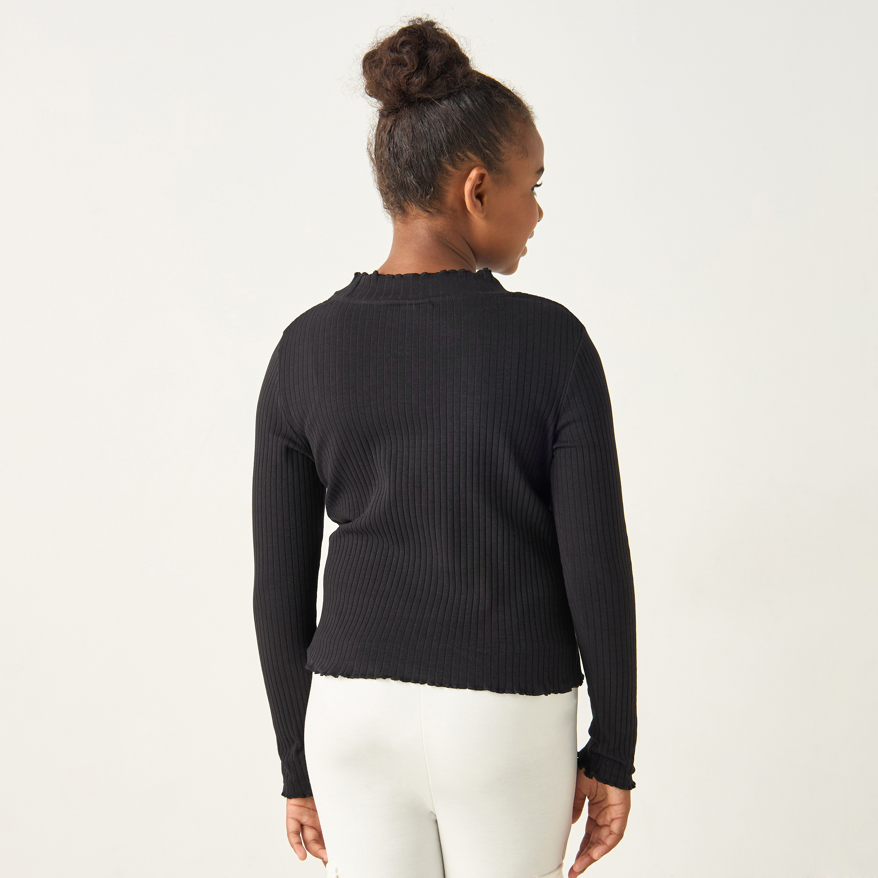 Juniors Textured Turtle Neck T-Shirt with Long Sleeves-girls-clothing-tshirts-image-3