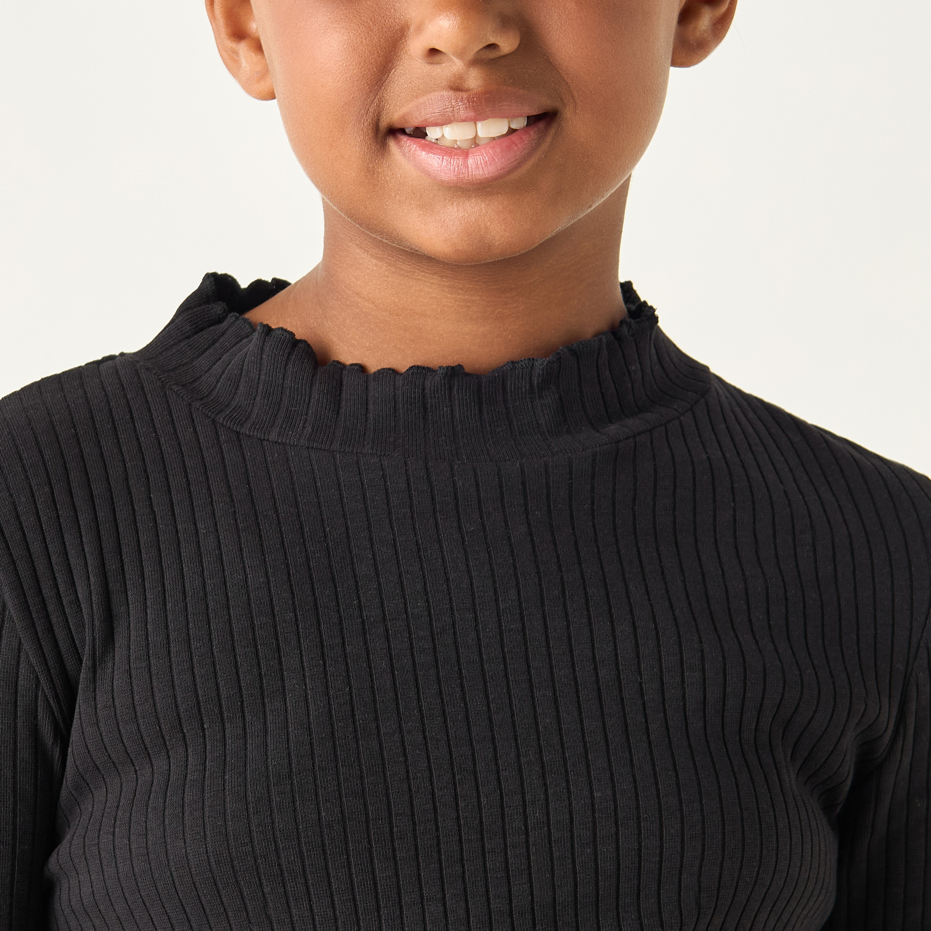 Juniors Textured Turtle Neck T-Shirt with Long Sleeves-girls-clothing-tshirts-image-4