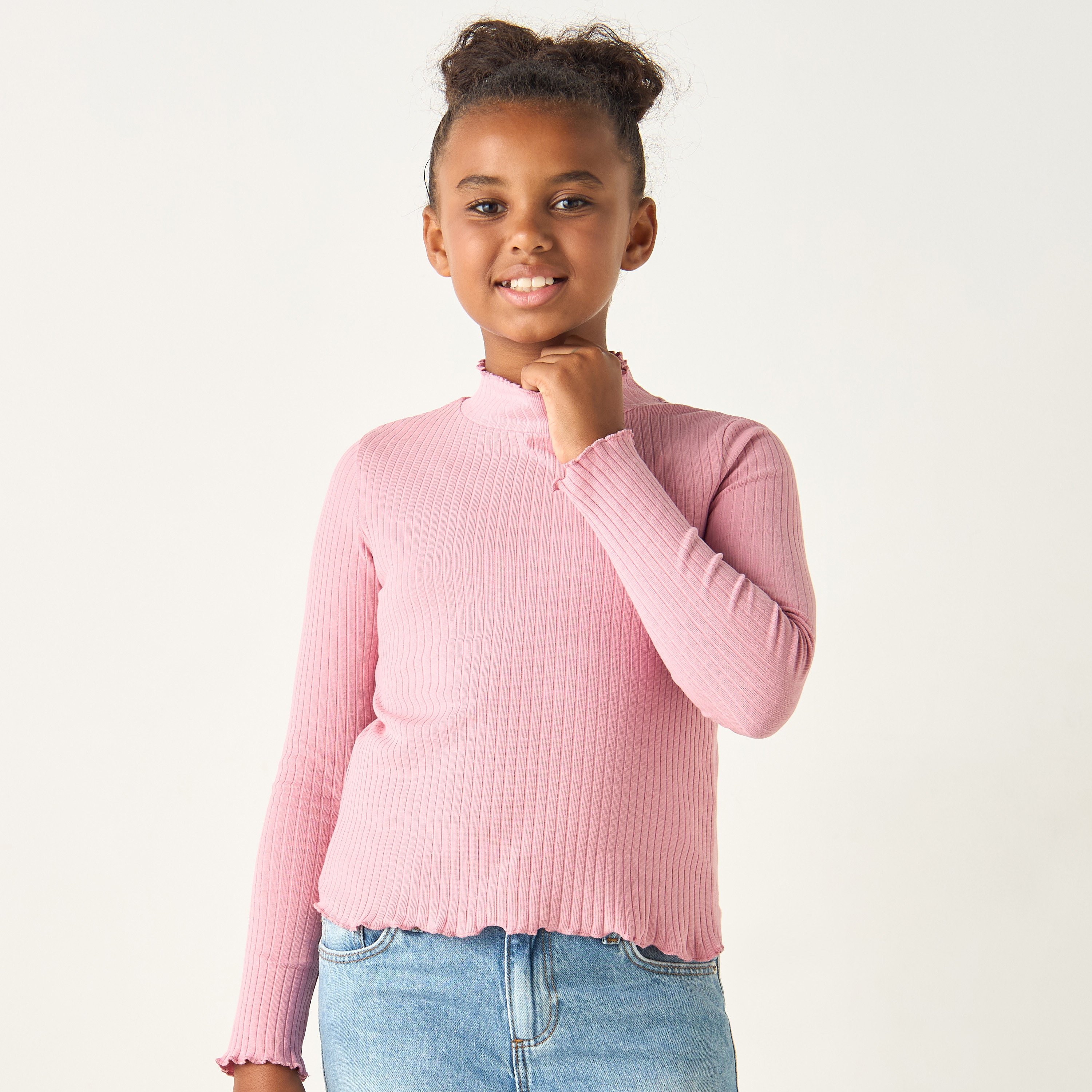 Juniors Textured Turtle Neck T-Shirt with Long Sleeves-girls-clothing-tshirts-image-1