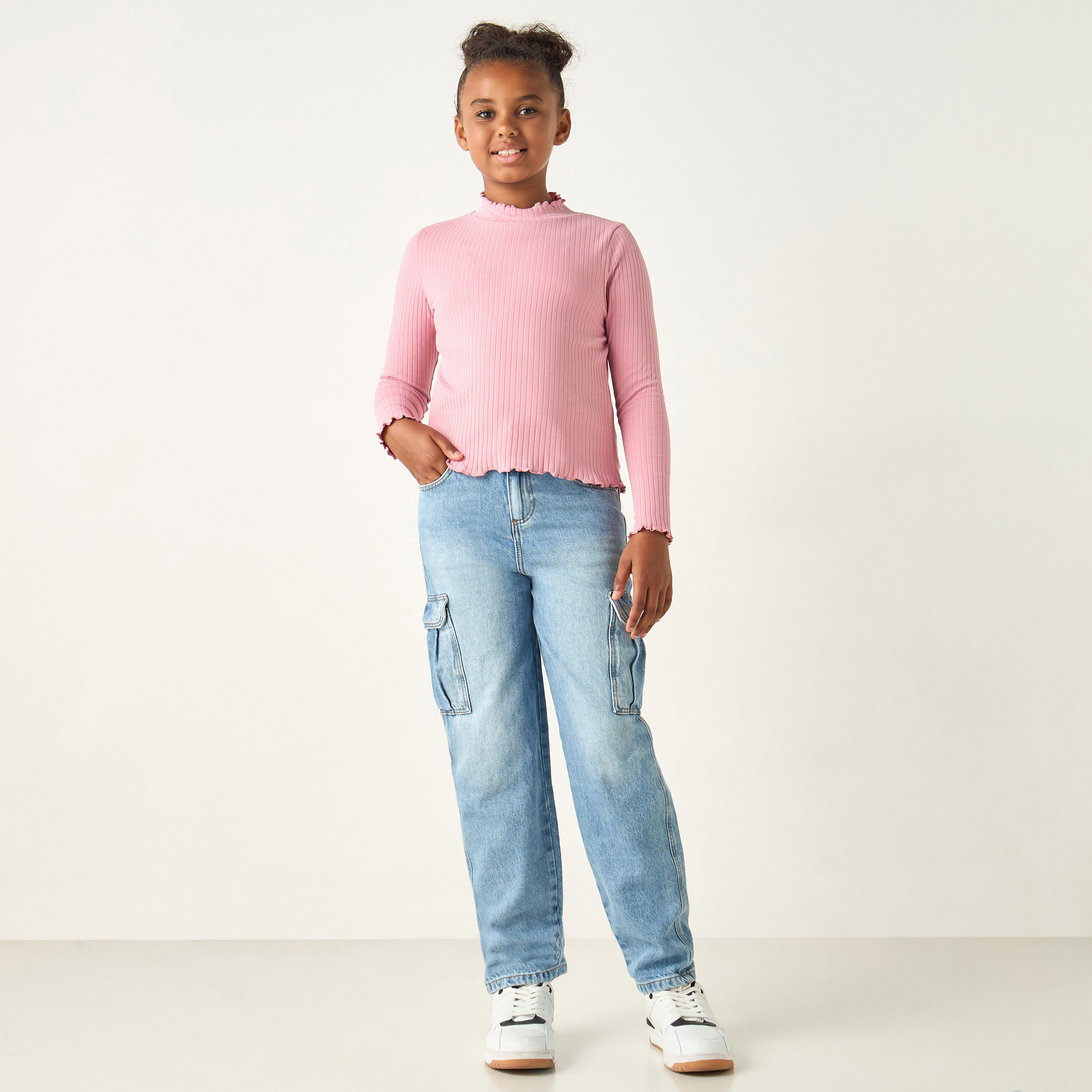 Juniors Textured Turtle Neck T-Shirt with Long Sleeves-girls-clothing-tshirts-image-2