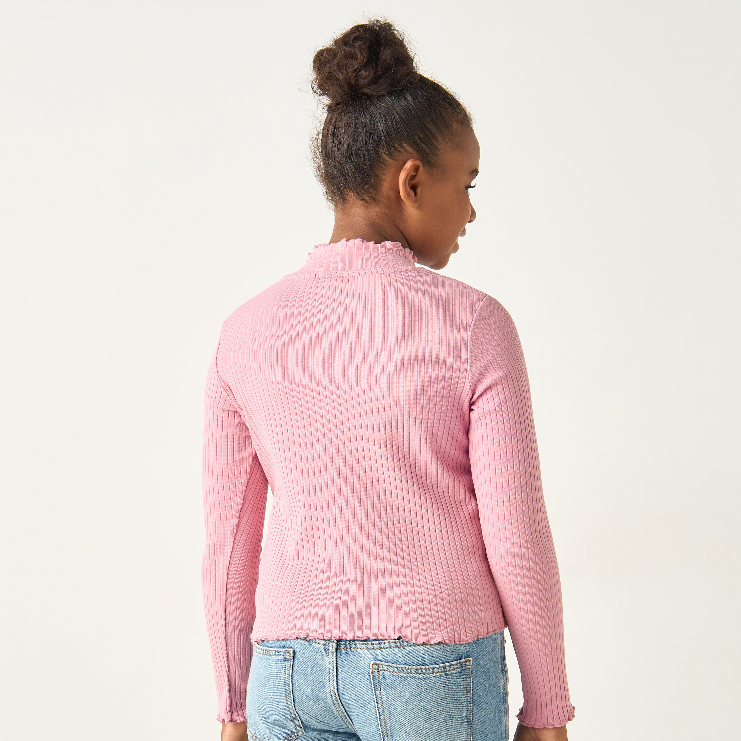 Juniors Textured Turtle Neck T-Shirt with Long Sleeves-girls-clothing-tshirts-image-3