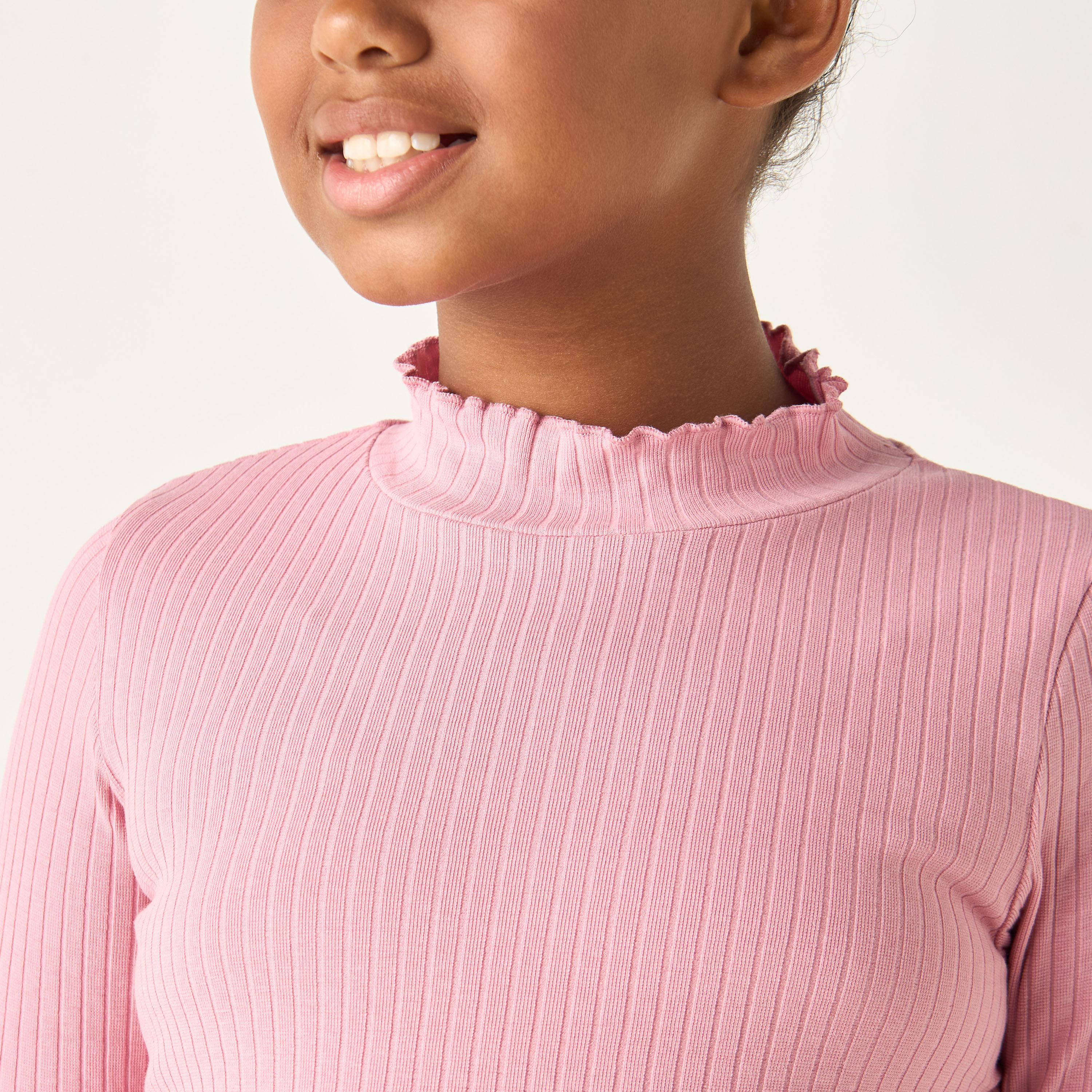 Juniors Textured Turtle Neck T-Shirt with Long Sleeves-girls-clothing-tshirts-image-4