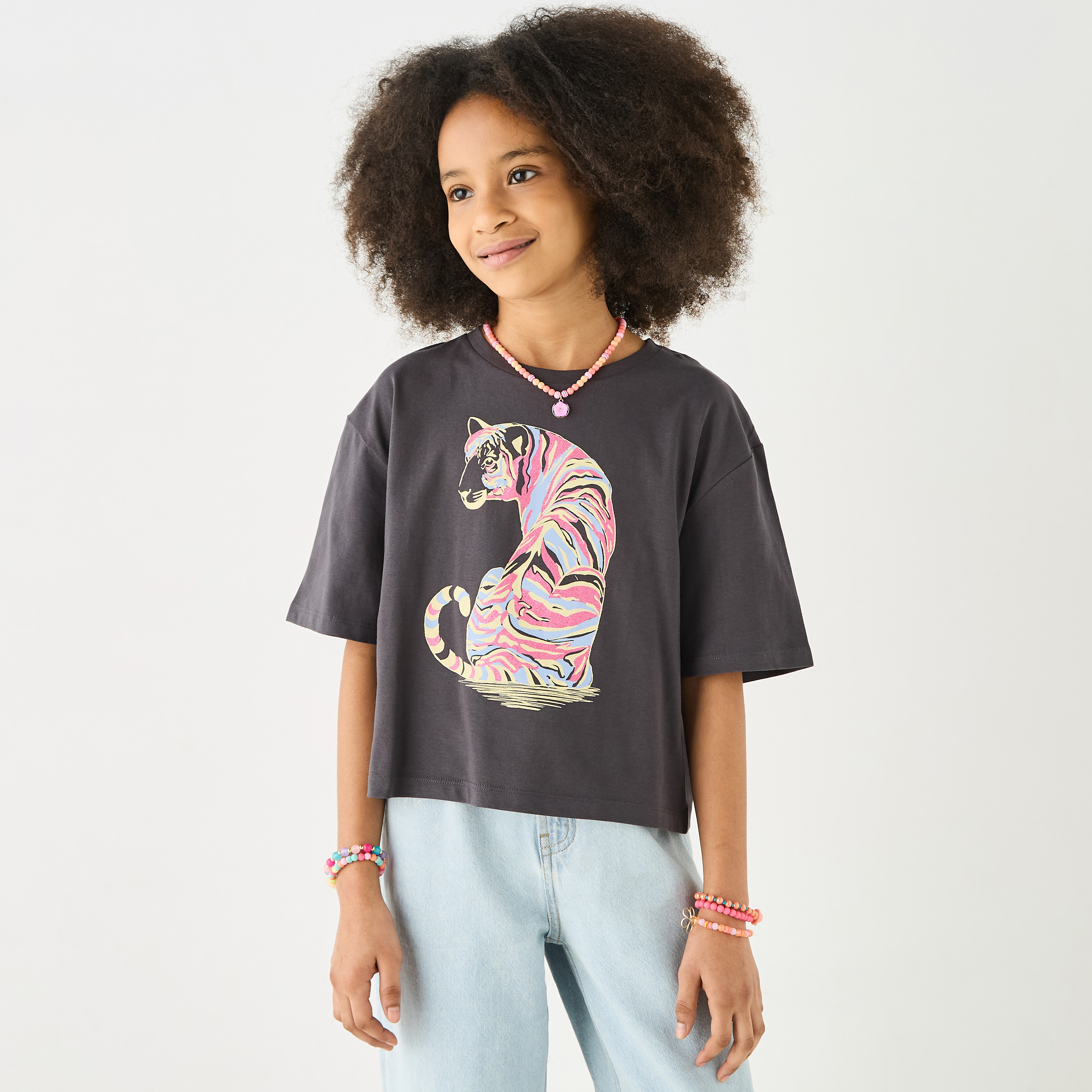 Juniors Tiger Print T-shirt with Crew Neck and Short Sleeves-girls-clothing-tshirts-image-1