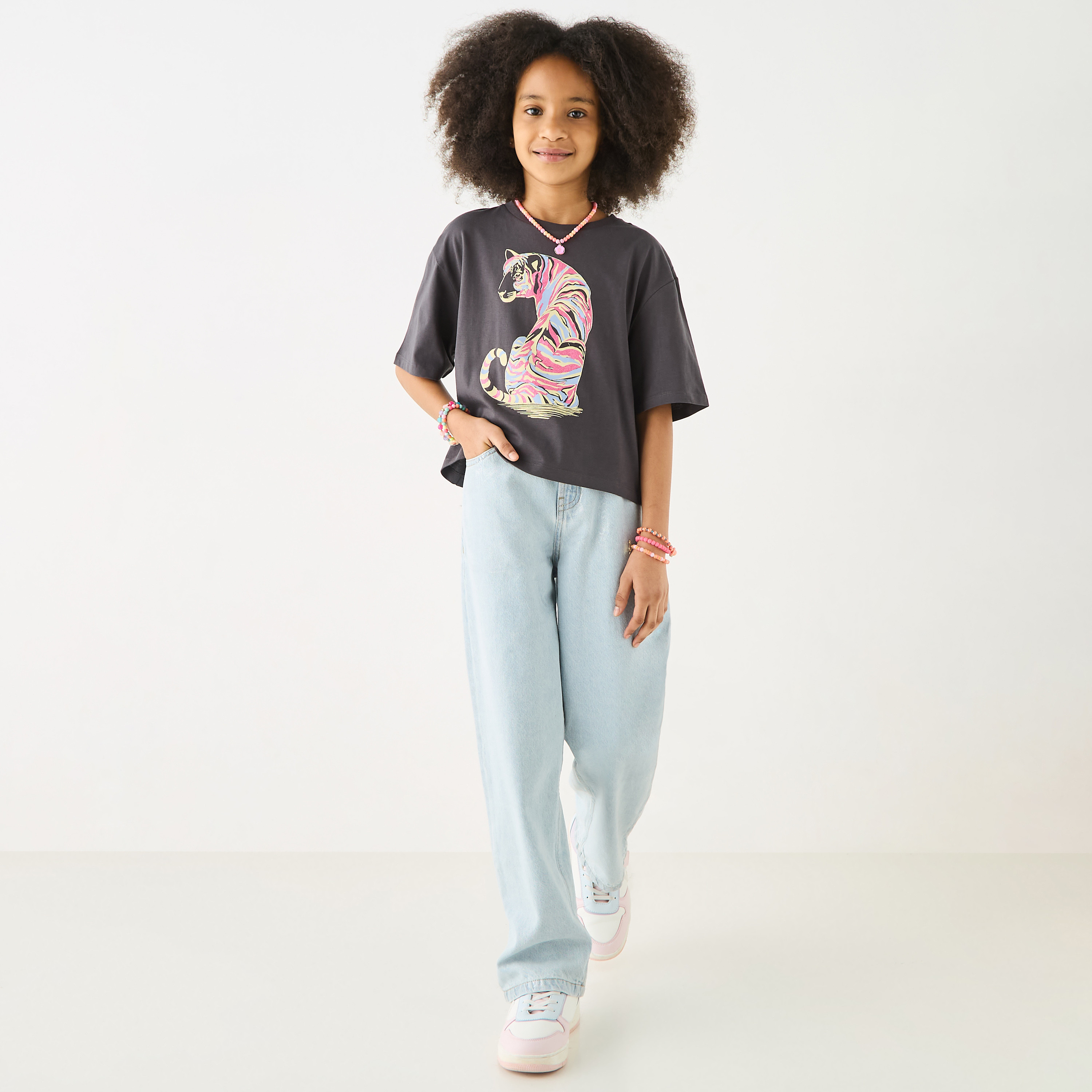 Juniors Tiger Print T-shirt with Crew Neck and Short Sleeves-girls-clothing-tshirts-image-2