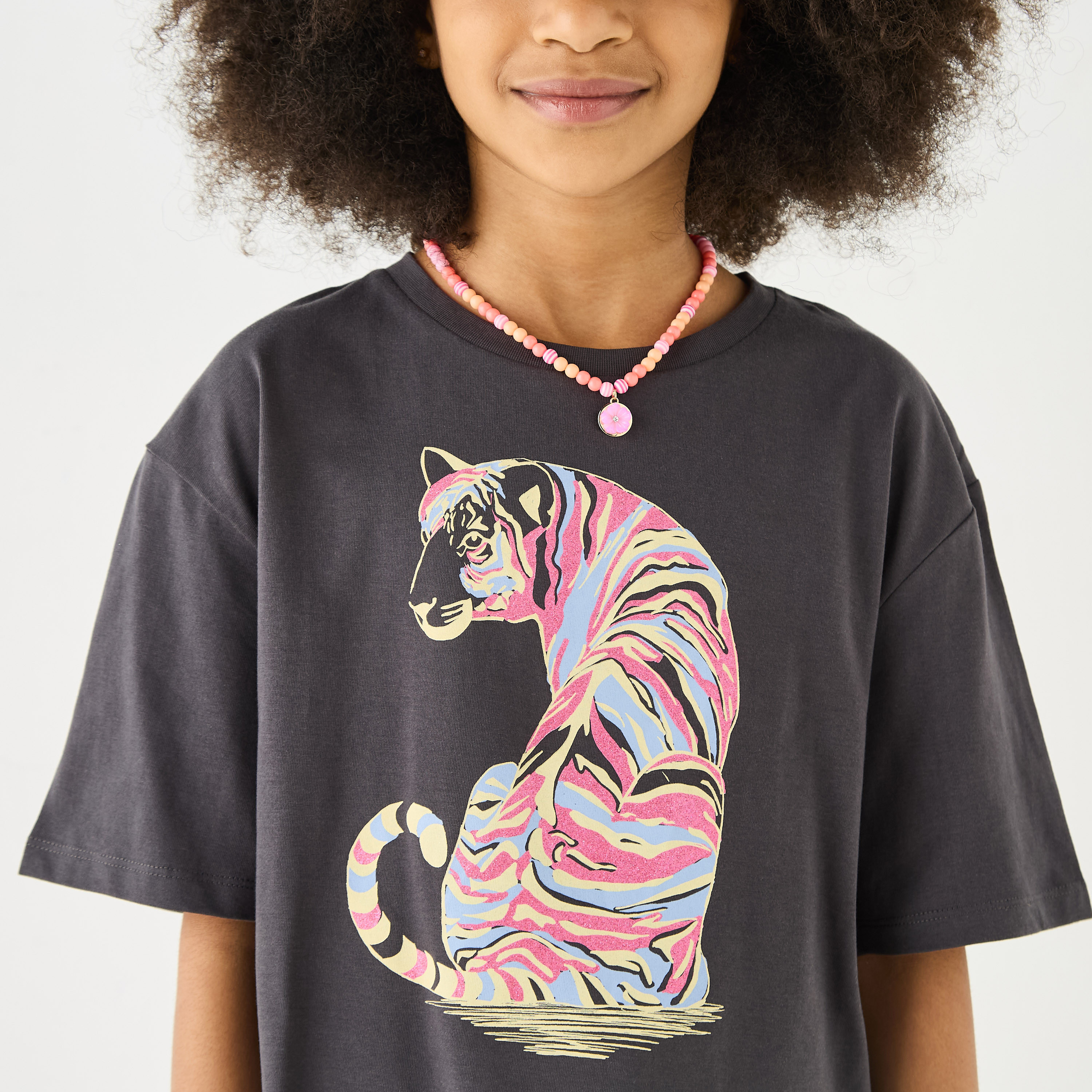 Juniors Tiger Print T-shirt with Crew Neck and Short Sleeves-girls-clothing-tshirts-image-4