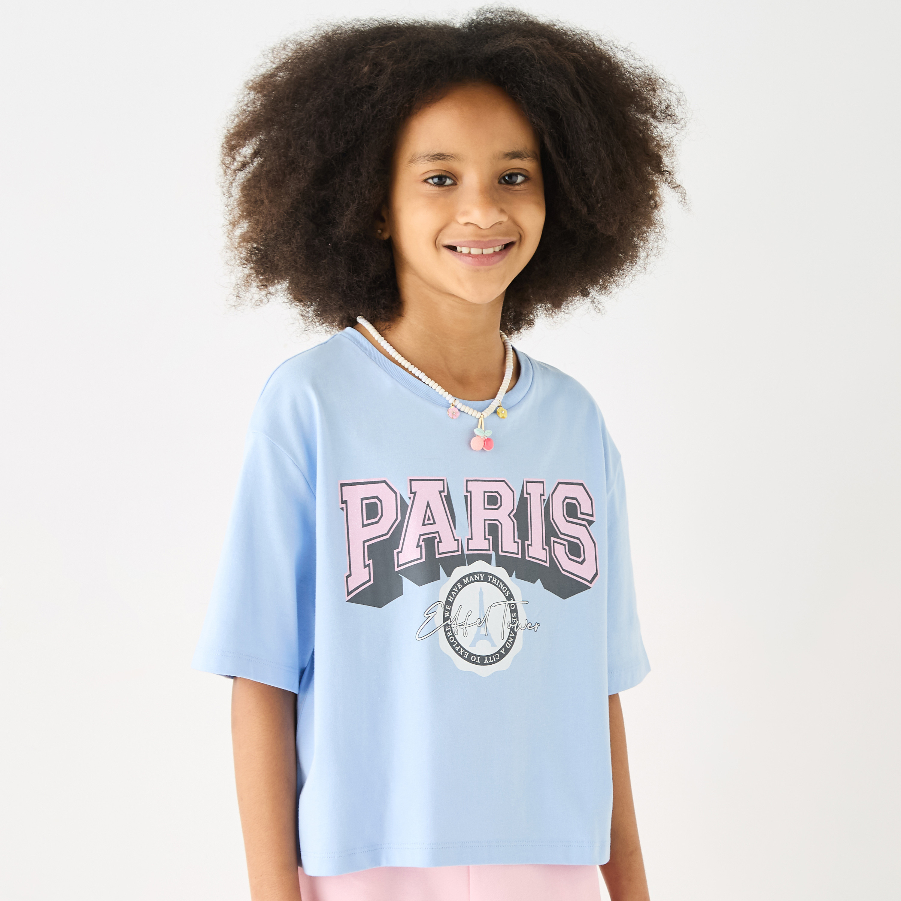 Juniors Paris Print Crew Neck T-shirt with Short Sleeves-girls-clothing-tshirts-image-1