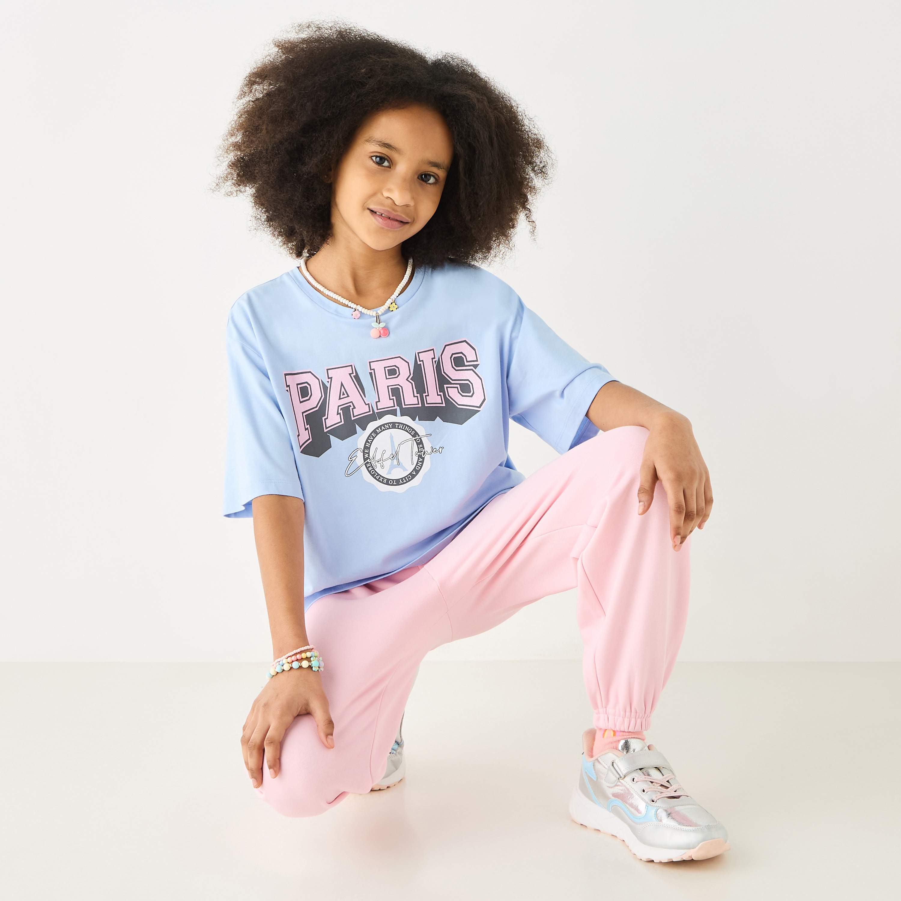 Juniors Paris Print Crew Neck T-shirt with Short Sleeves-girls-clothing-tshirts-image-2