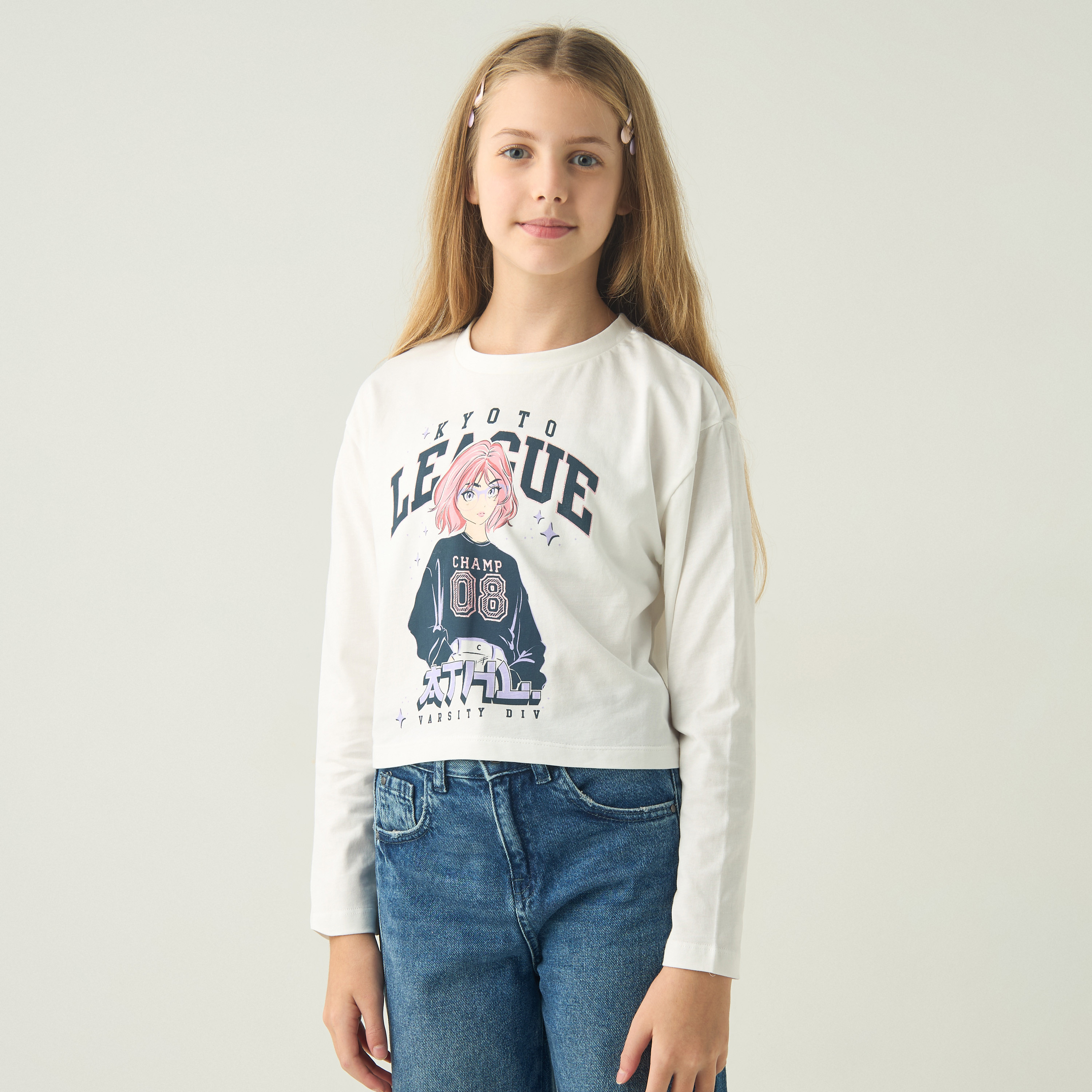 تيشيرت بياقة ضيّقة وأكمام طويلة وطبعات أنمي من جونيورز-girls-clothing-tshirts-image-1