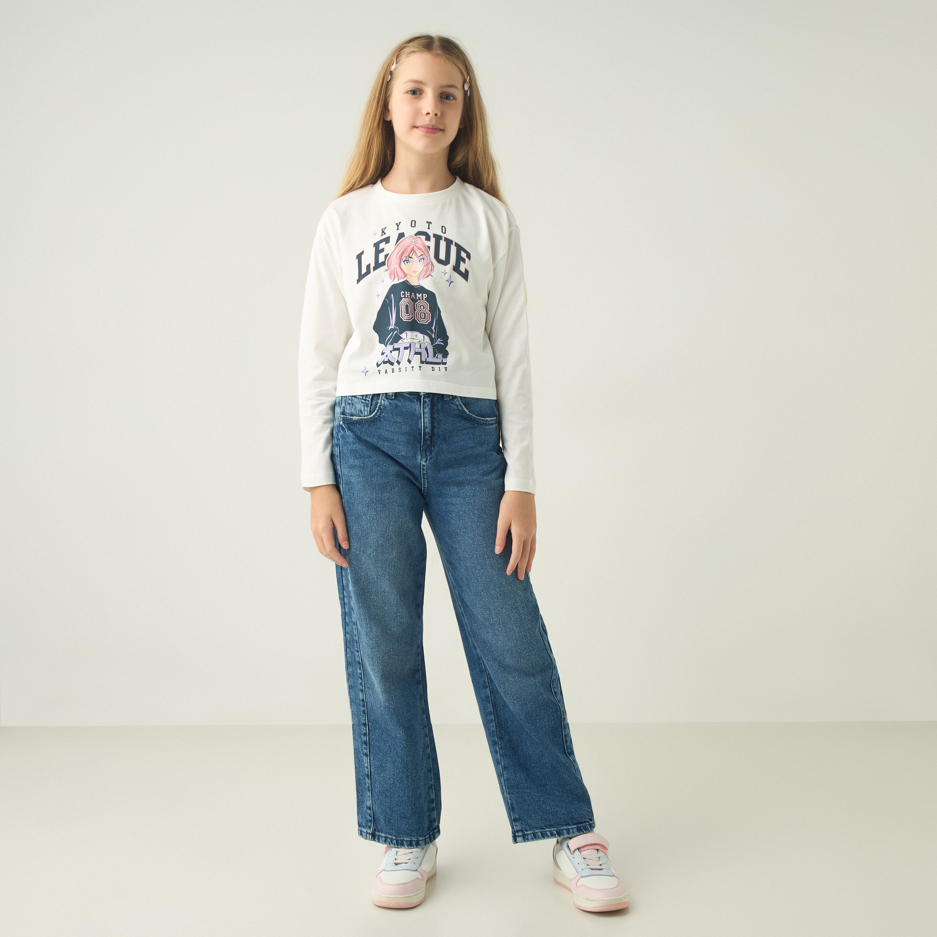 تيشيرت بياقة ضيّقة وأكمام طويلة وطبعات أنمي من جونيورز-girls-clothing-tshirts-image-2