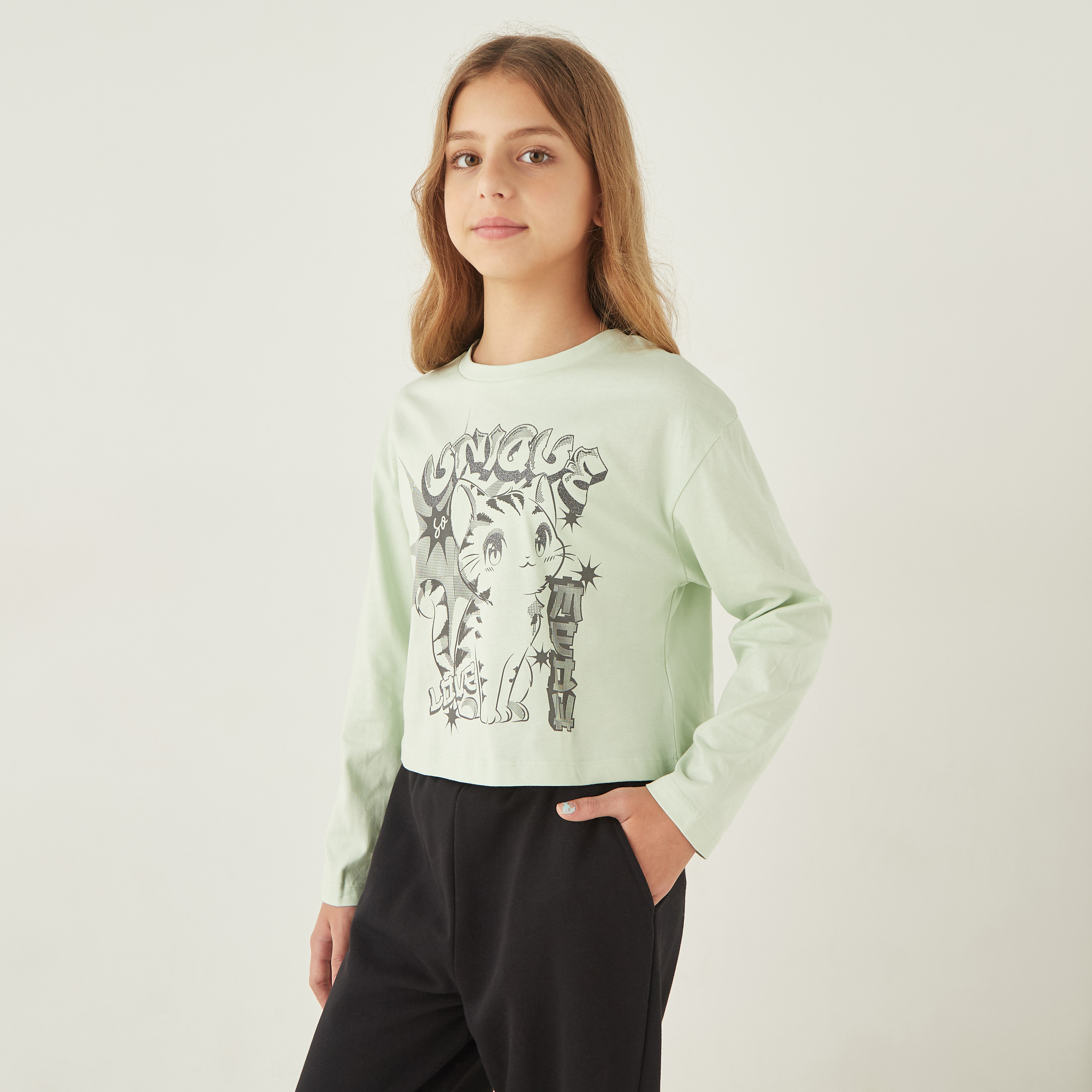 Juniors Cat Print Crew Neck T-shirt with Long Sleeves-promo_babyshop_3for2_OMN110225-image-1