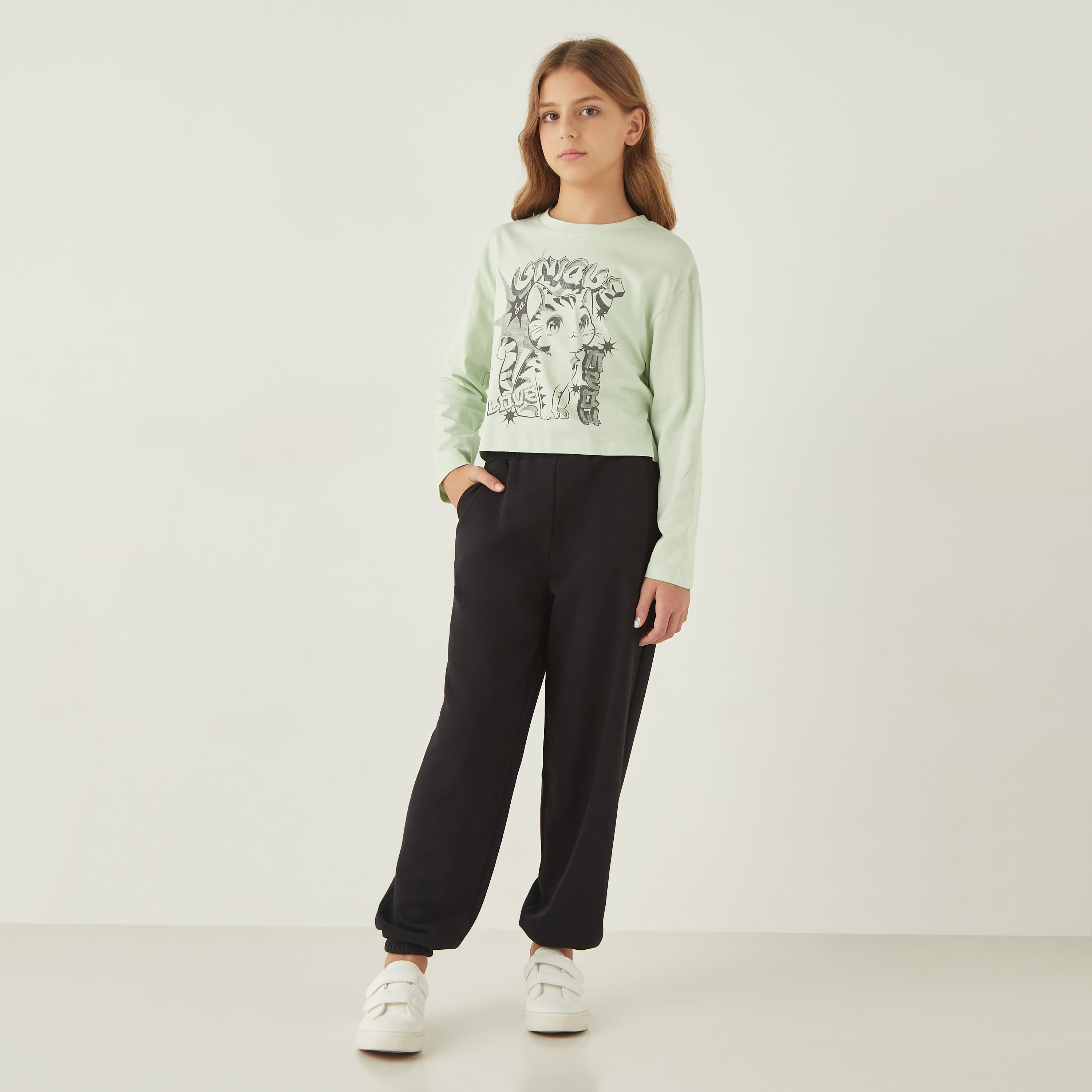 Juniors Cat Print Crew Neck T-shirt with Long Sleeves-promo_babyshop_3for2_OMN110225-image-2