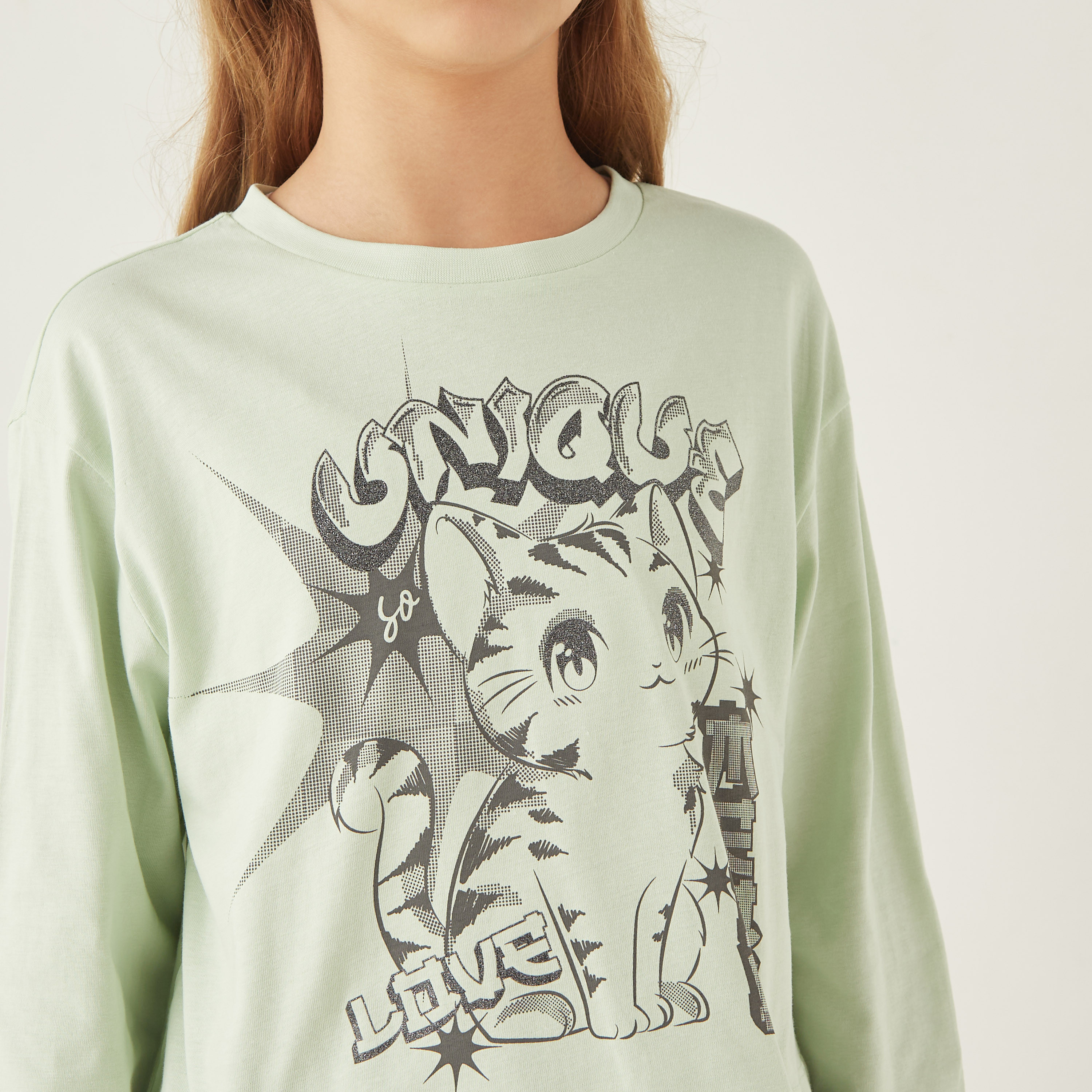 Juniors Cat Print Crew Neck T-shirt with Long Sleeves-promo_babyshop_3for2_OMN110225-image-4