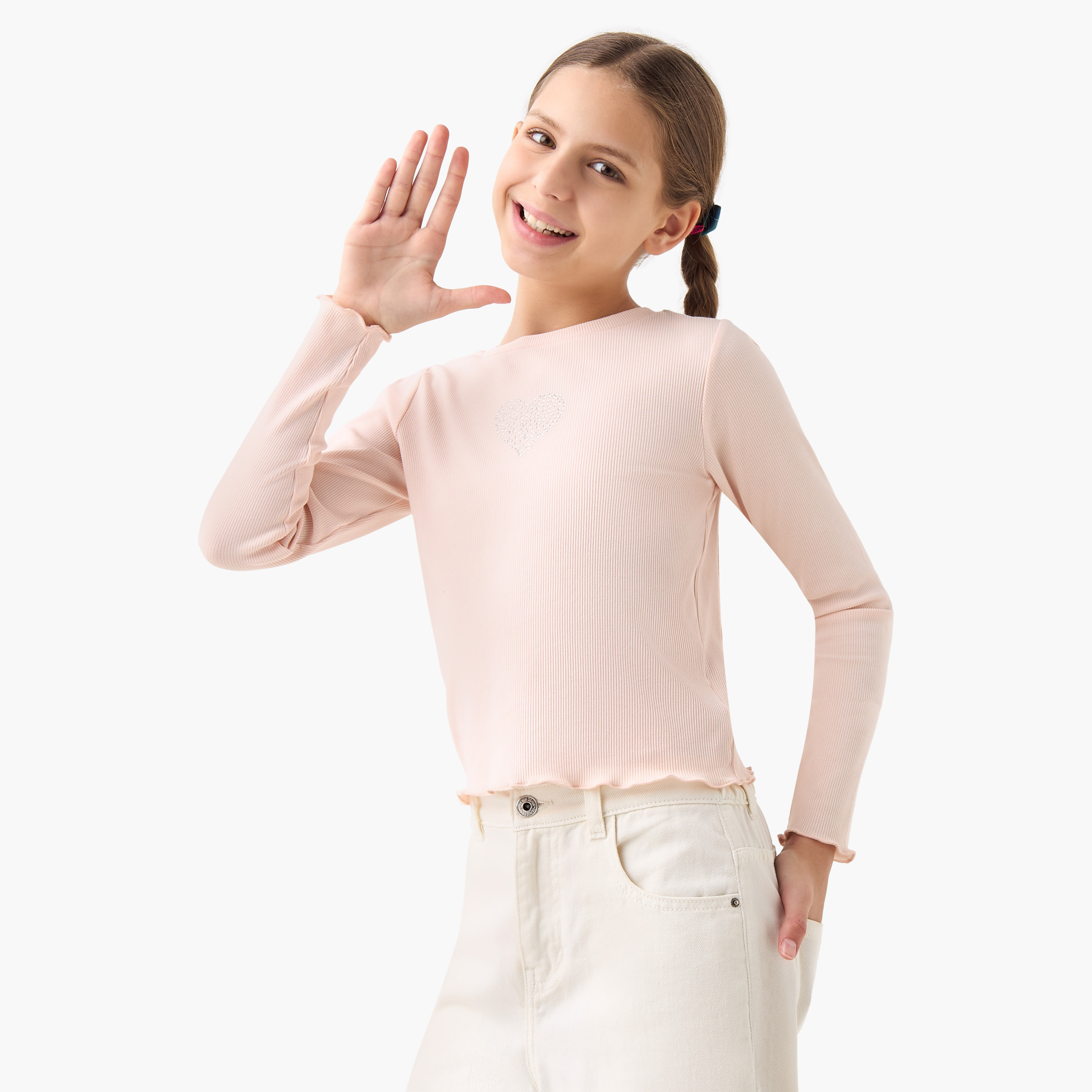 Juniors Embellished Crew Neck T-shirt with Long Sleeves-girls-clothing-tshirts-image-1