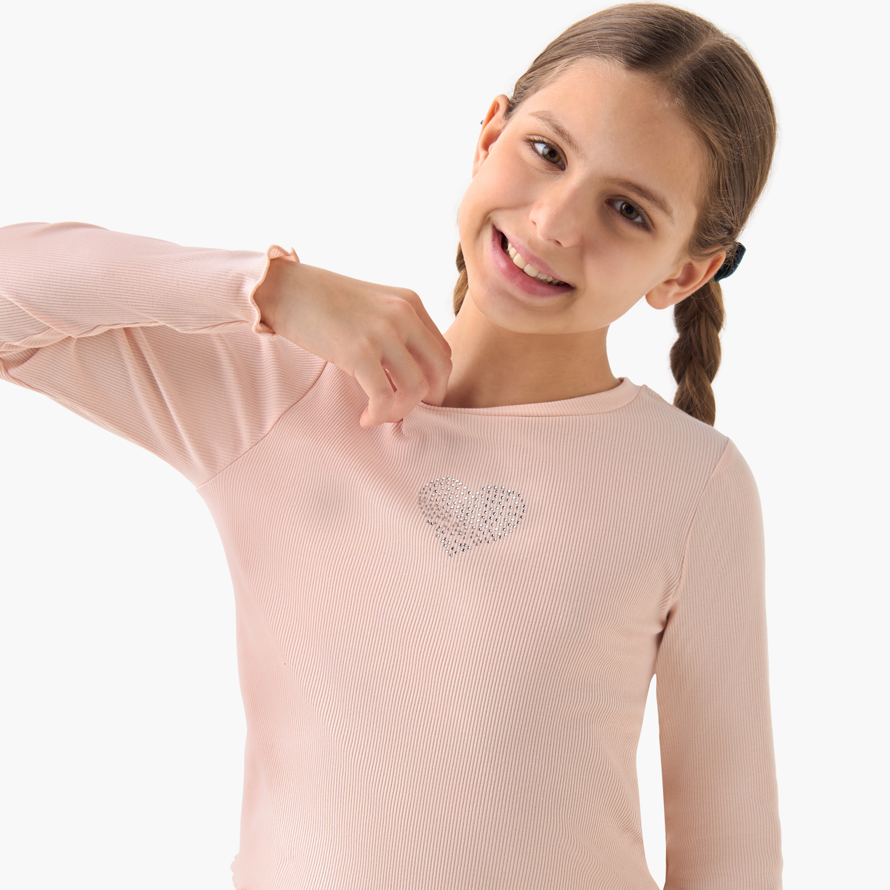 Juniors Embellished Crew Neck T-shirt with Long Sleeves-girls-clothing-tshirts-image-4