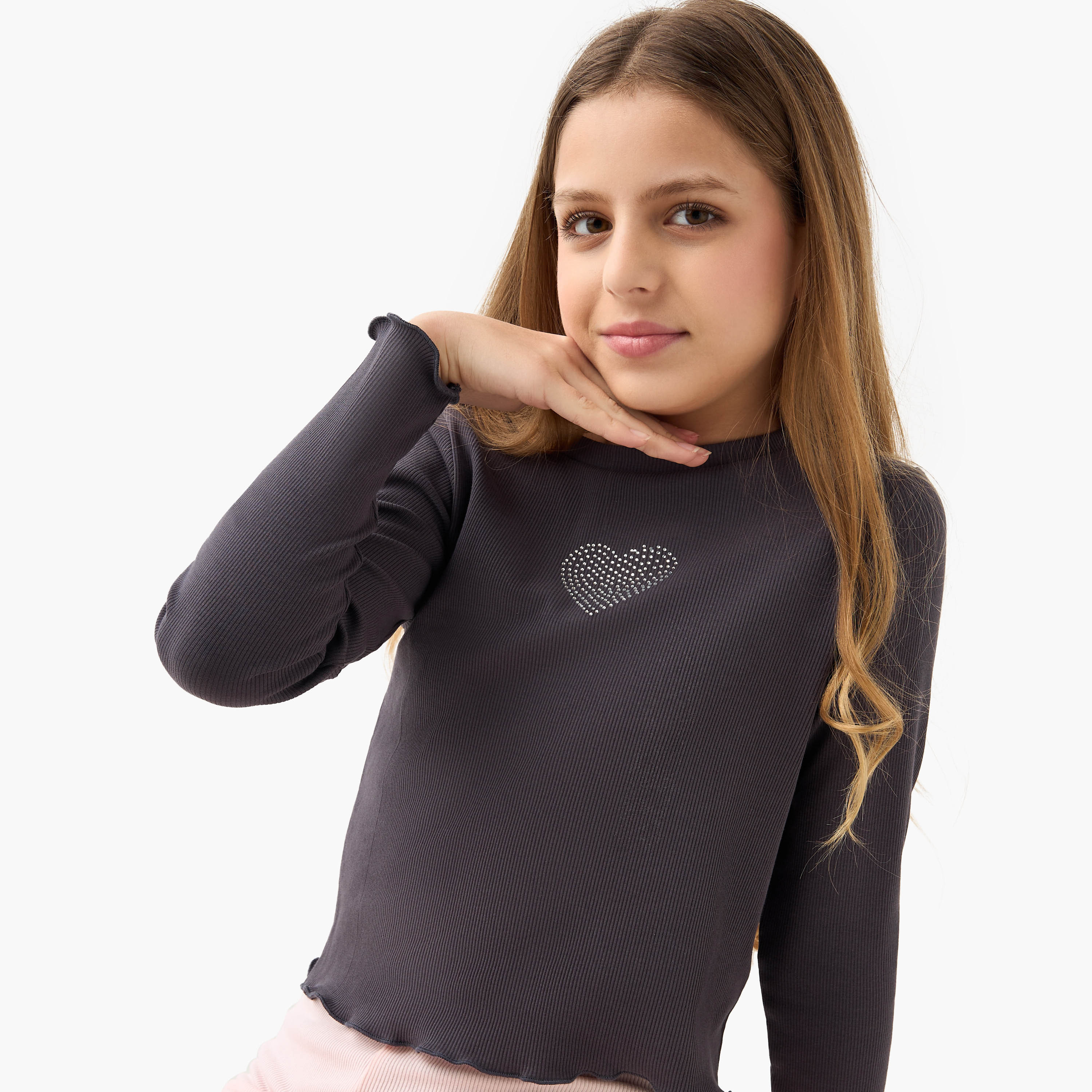 Juniors Studded T-shirt with Long Sleeves-girls-clothing-tshirts-image-1