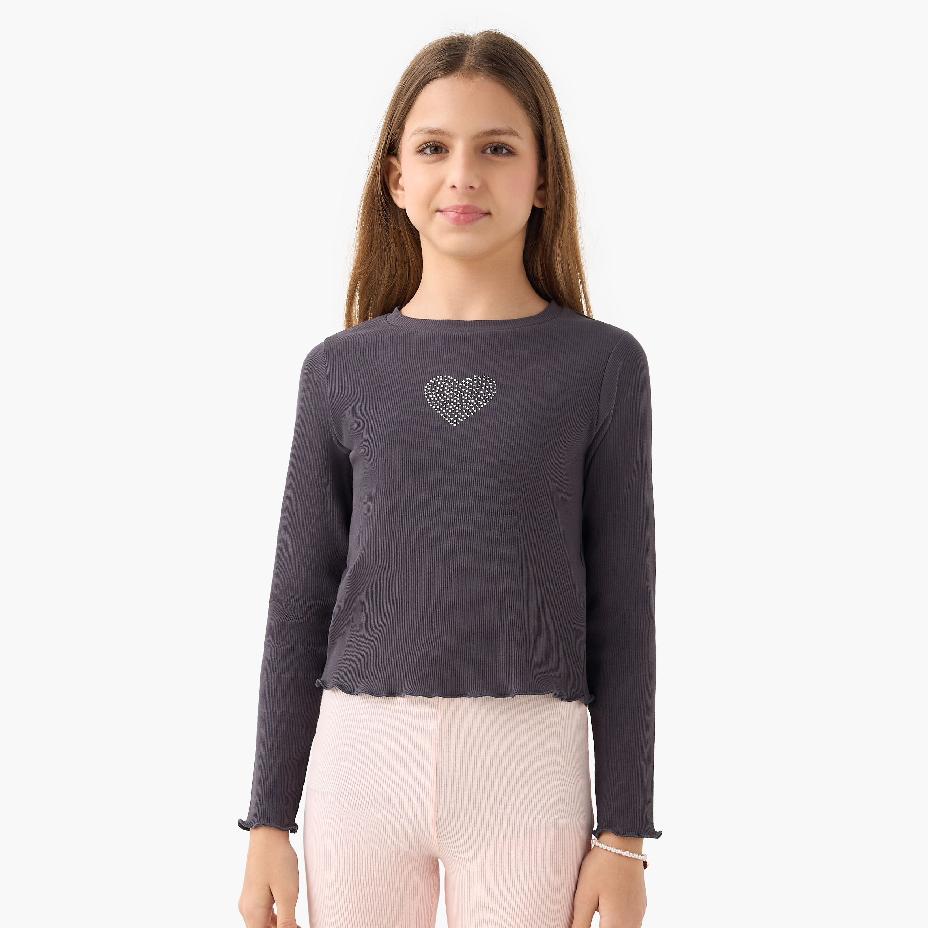 Juniors Studded T-shirt with Long Sleeves-girls-clothing-tshirts-image-3