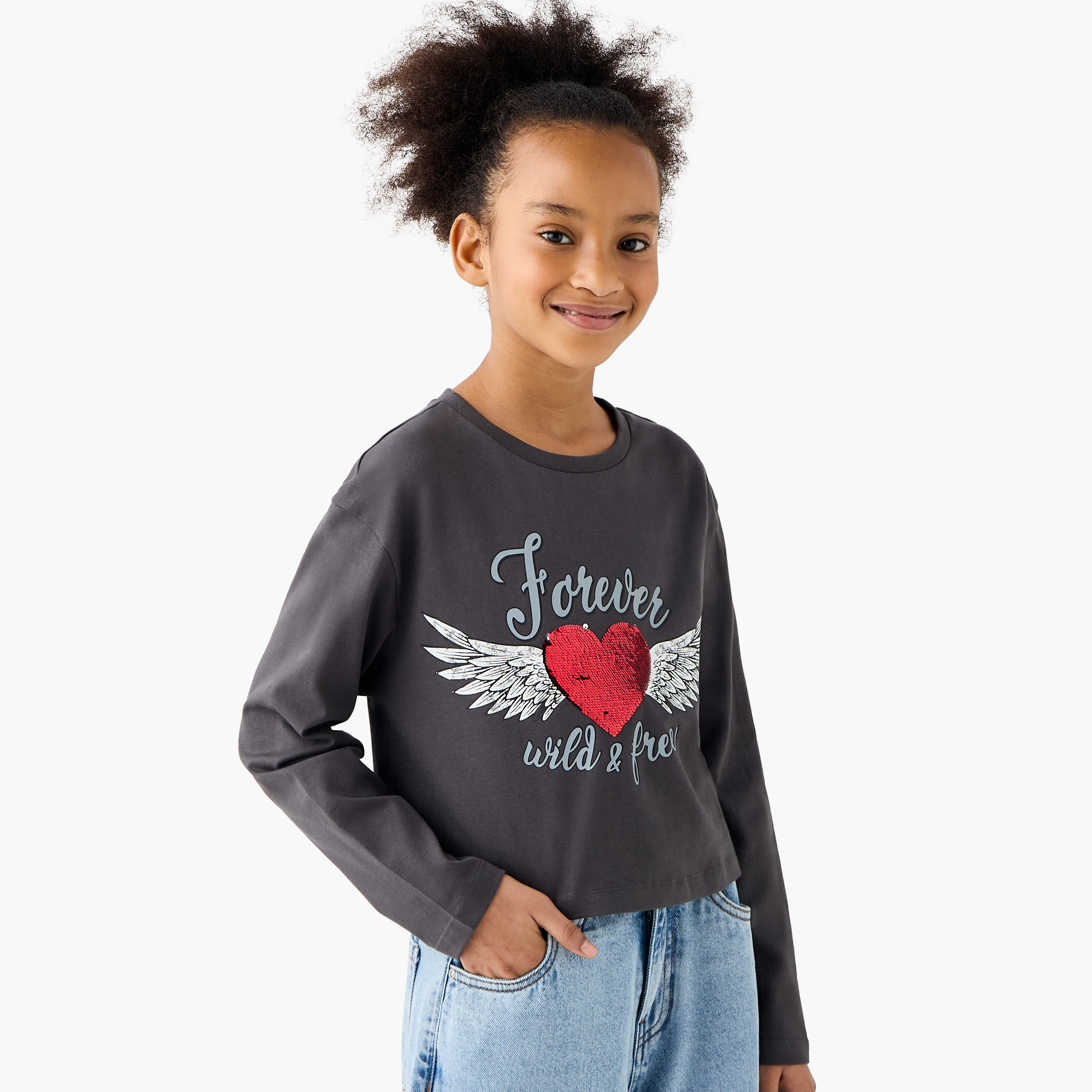 Juniors Embellished Round Neck T-shirt with Long Sleeves-girls-clothing-tshirts-image-1