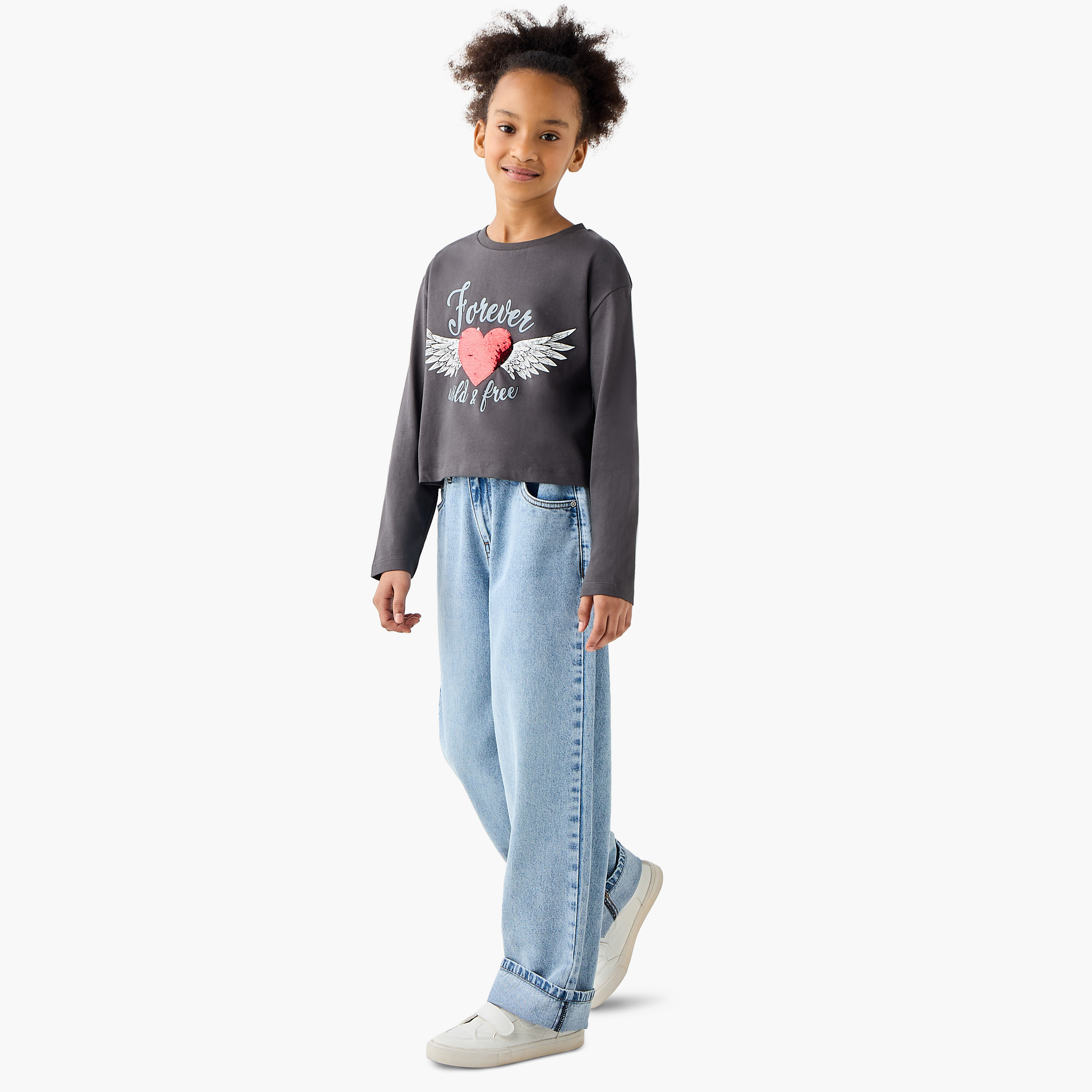 Juniors Embellished Round Neck T-shirt with Long Sleeves-girls-clothing-tshirts-image-2