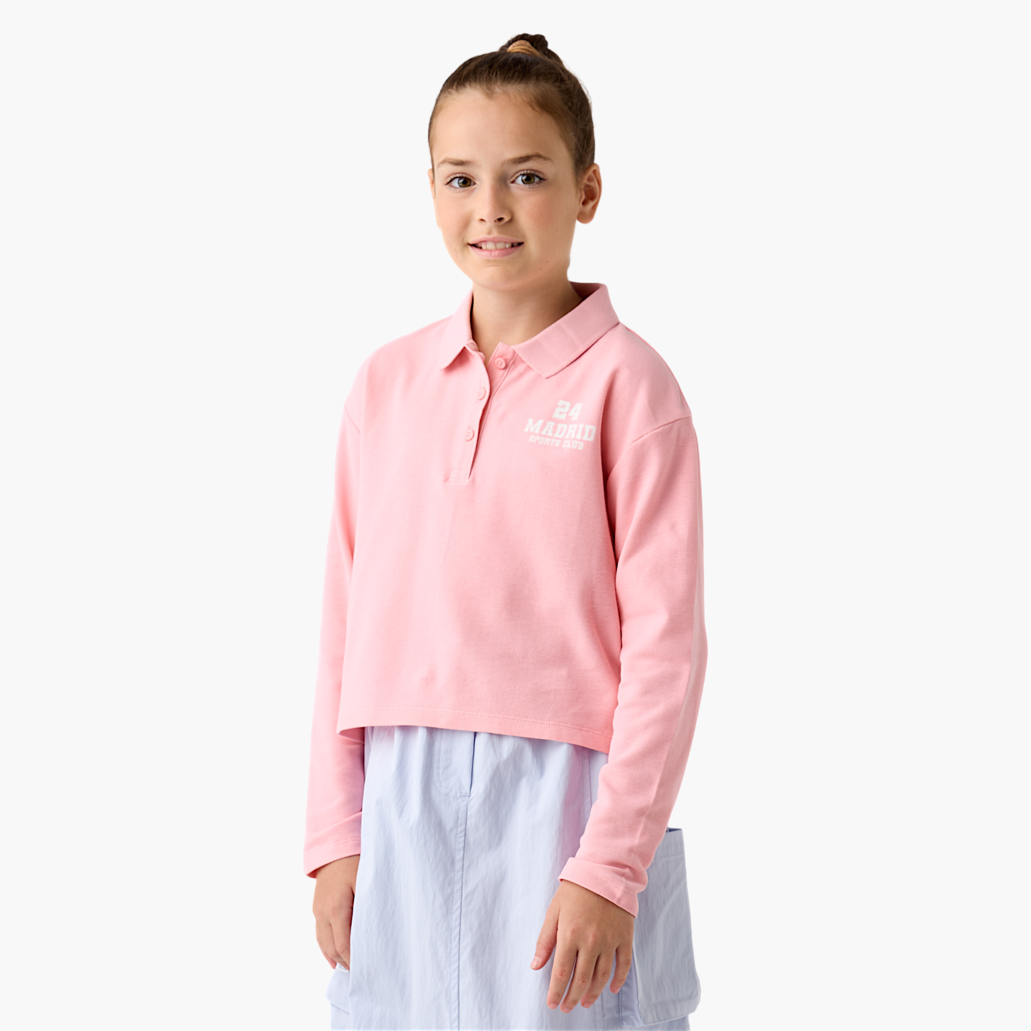 Juniors Typography Print Polo T-shirt with Long Sleeves-girls-clothing-tshirts-image-1