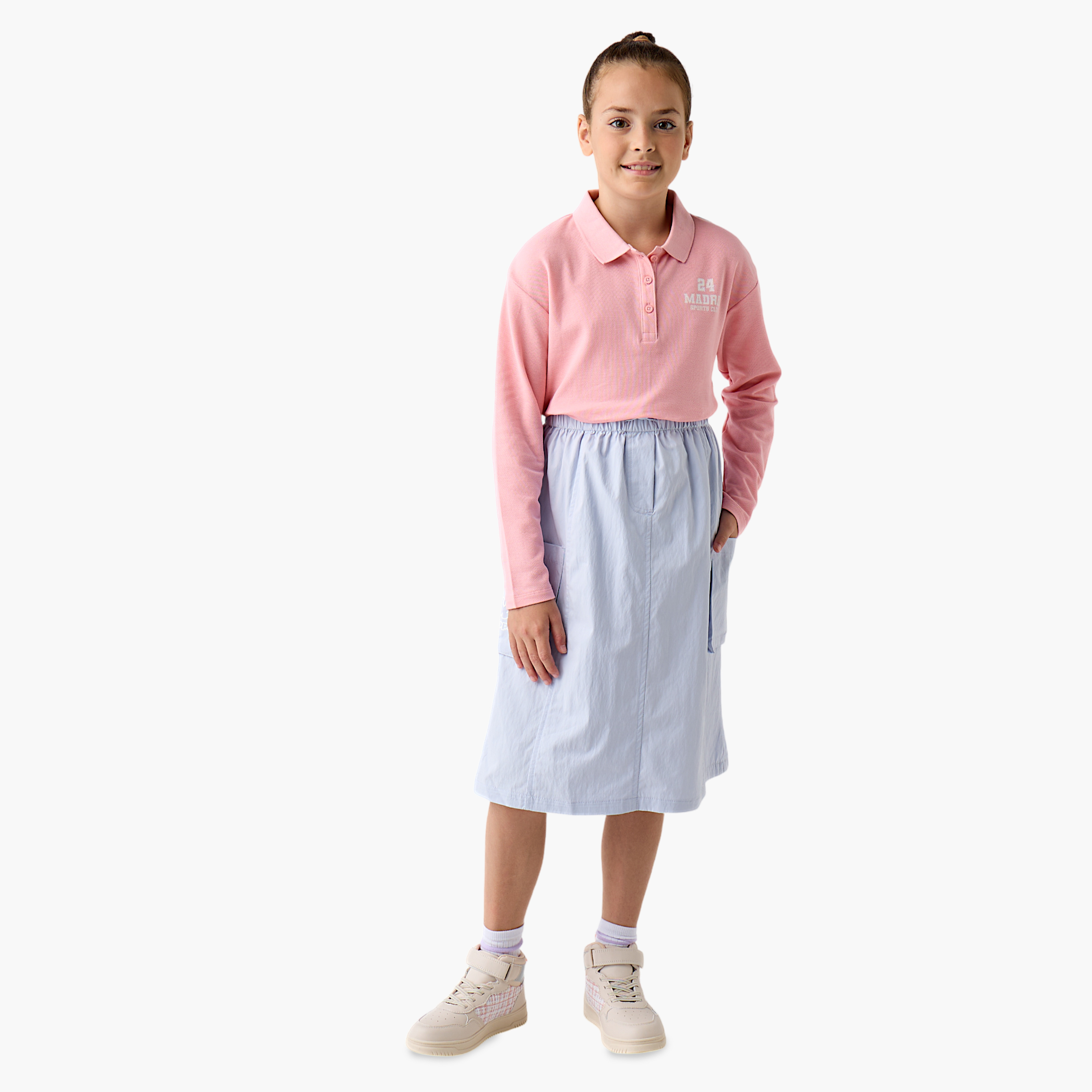Juniors Typography Print Polo T-shirt with Long Sleeves-girls-clothing-tshirts-image-2