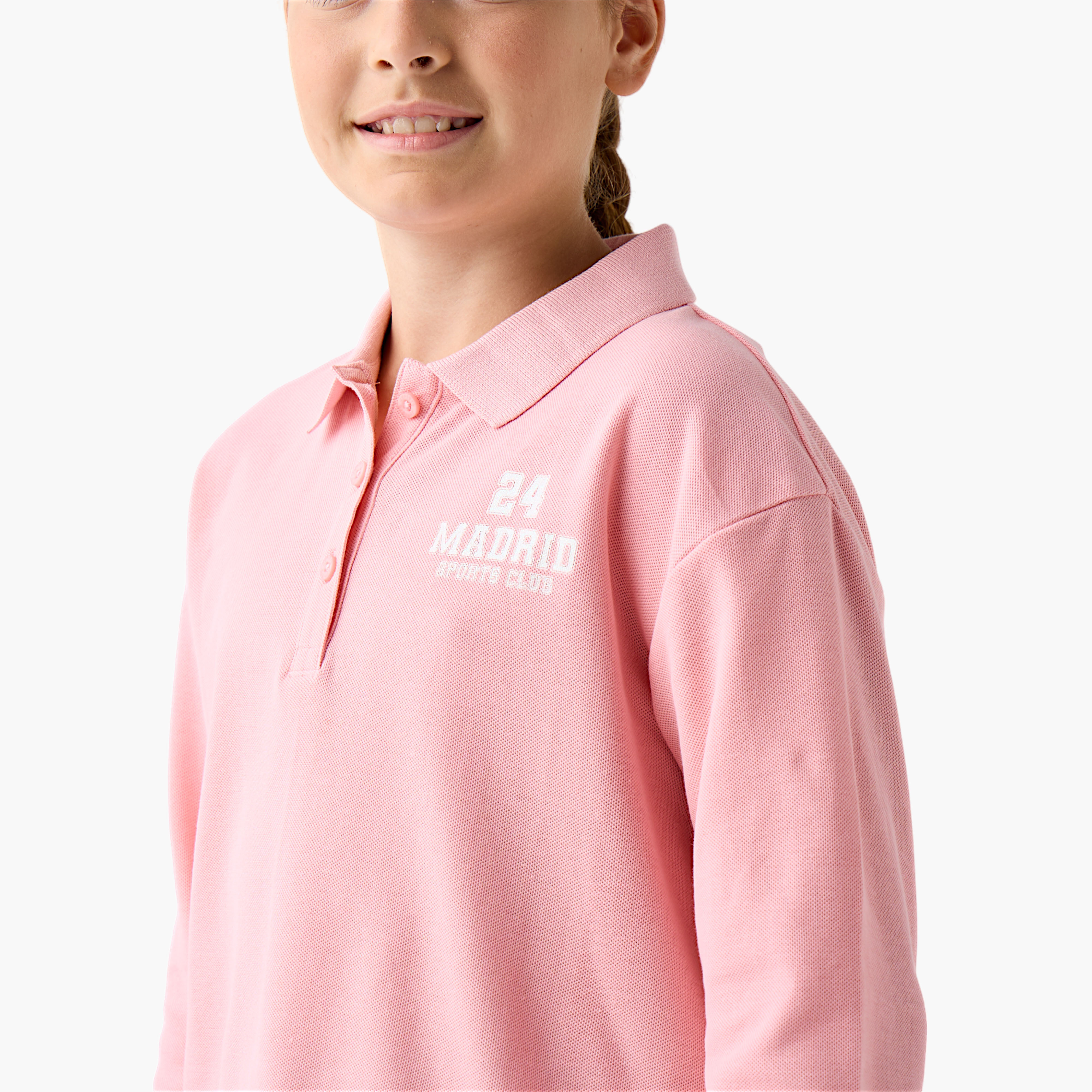 Juniors Typography Print Polo T-shirt with Long Sleeves-girls-clothing-tshirts-image-4
